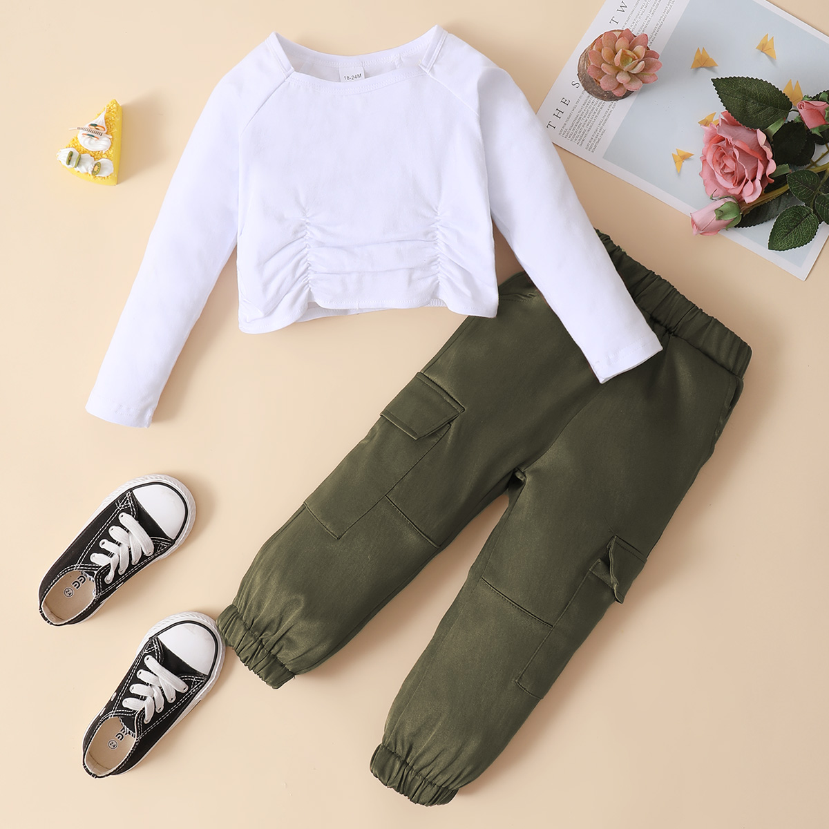

2-piece Toddler Girl Ruched Long-sleeve White Top and Green Satin Cargo Pants Set