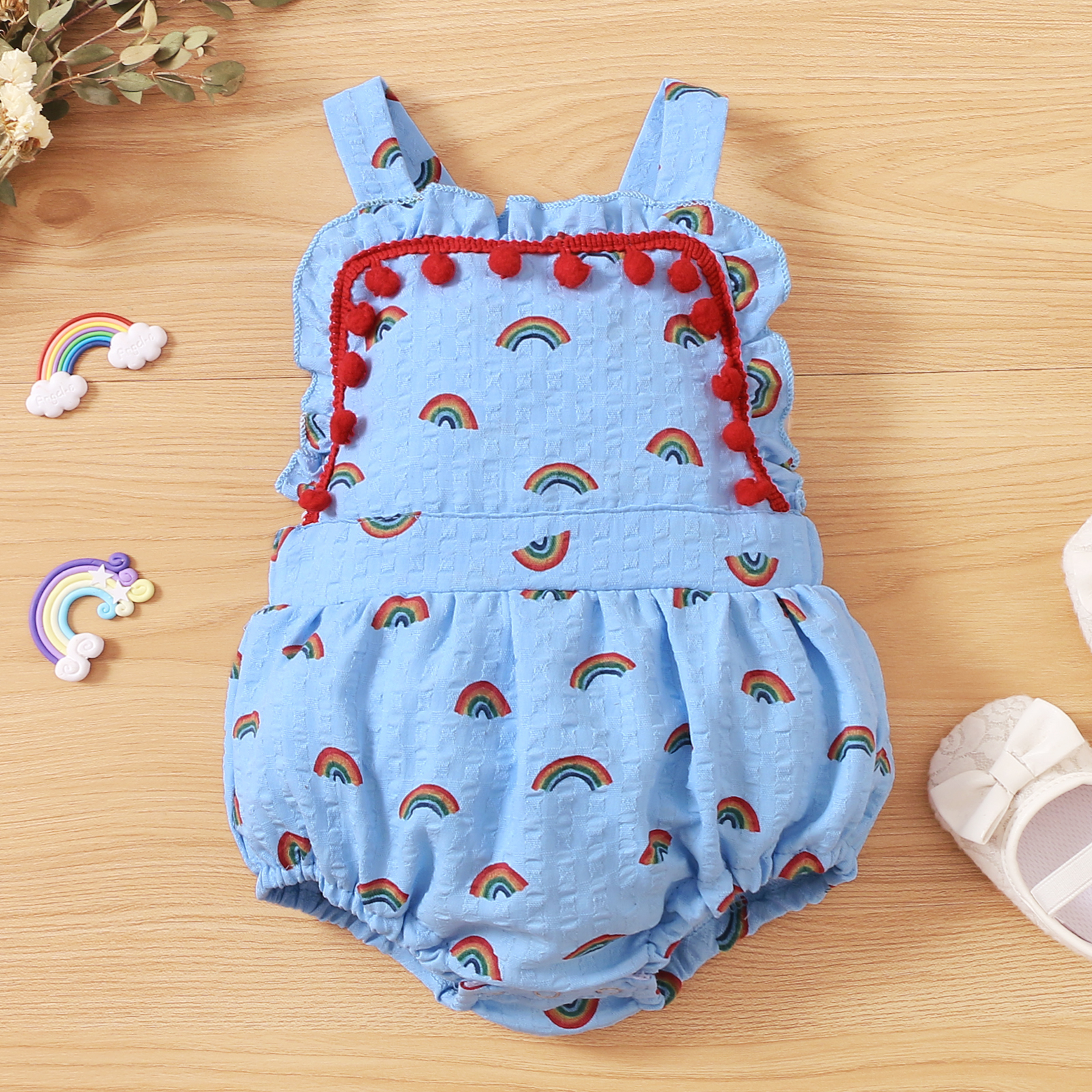 

100% Cotton Rainbow Print Blue Sleeveless Baby Tank Romper
