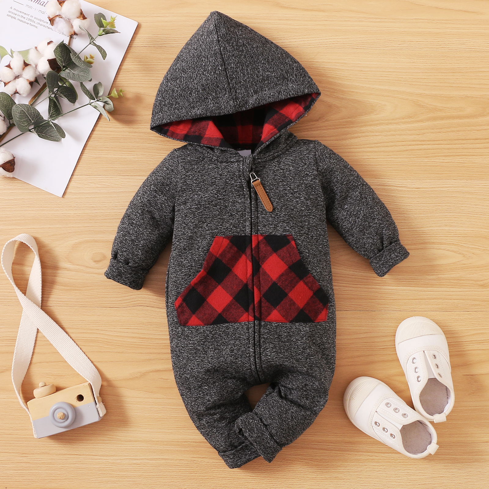 

Red Plaid Print Long-sleeve Hooded Baby Jumpsuit