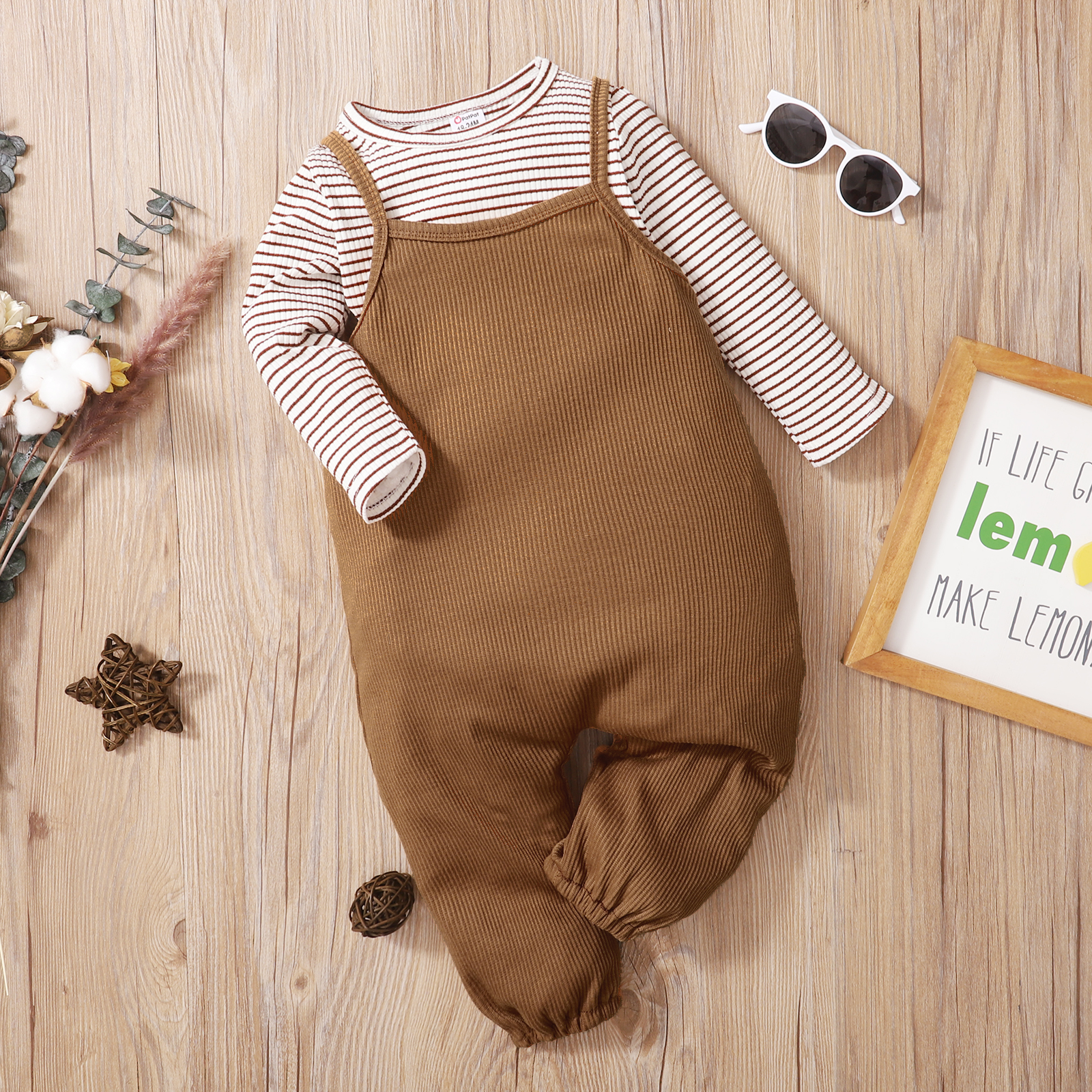 

2-piece Toddler Girl/Boy Striped Long-sleeve Top and Solid Overalls Set