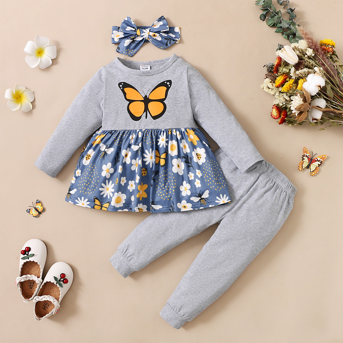 

3-piece Toddler Girl Butterfly Floral Print Long-sleeve Top, Solid Pants and Headband Set