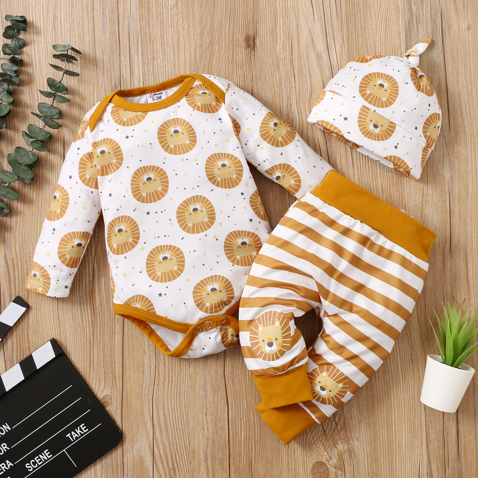 

3pcs Baby Cartoon Animal Print Long-sleeve Romper and Striped Trousers Set
