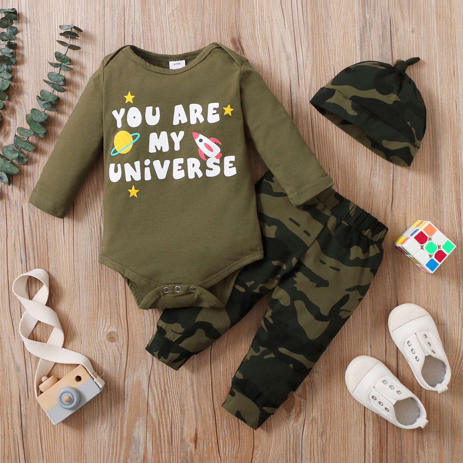 

3pcs Baby Letter Print Army Green Long-sleeve Romper and Camouflage Trousers Set