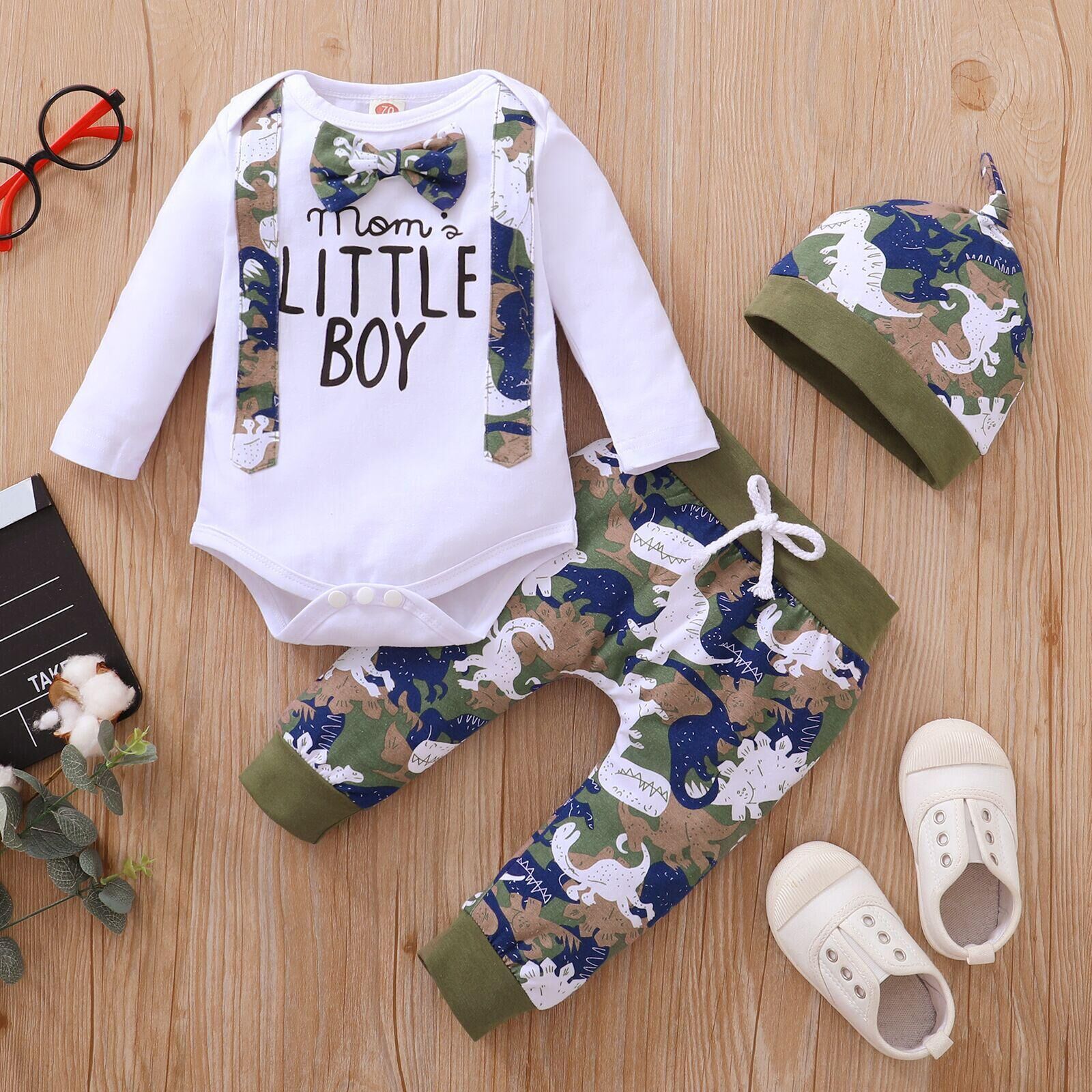 

3pcs Baby Boy Letter Print White Long-sleeve Bow Tie Romper with All Over Dinosaur Print Trousers Set