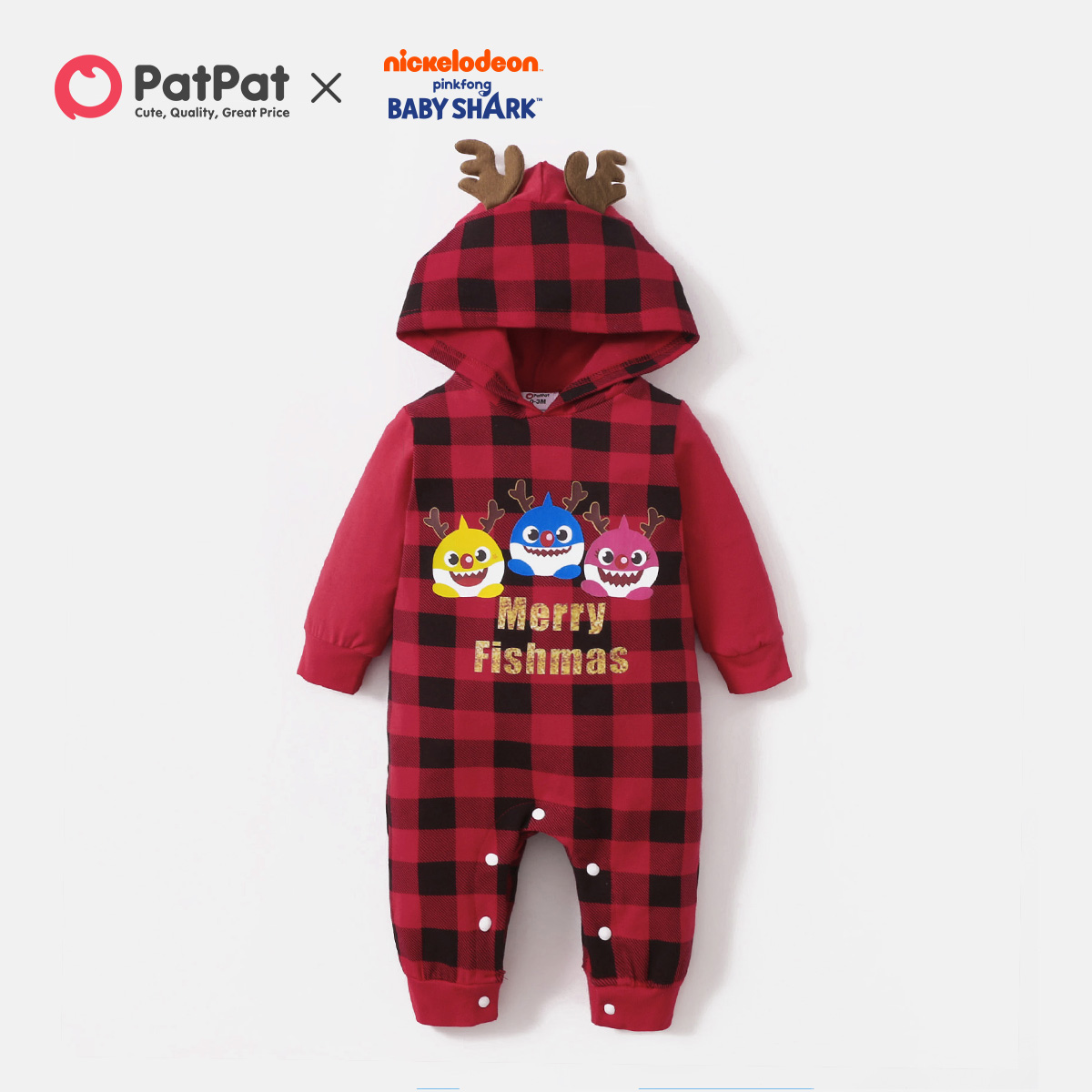 

Baby Shark Christmas Cotton Plaid Antlers Jumpsuit for Baby
