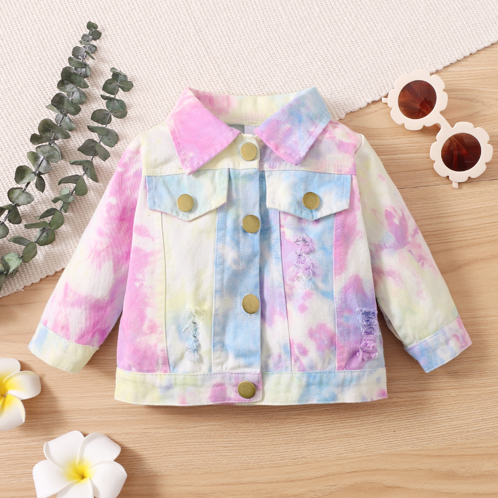 

Baby Tie Dye Lapel Button Down Cotton Long-sleeve Ripped Jacket