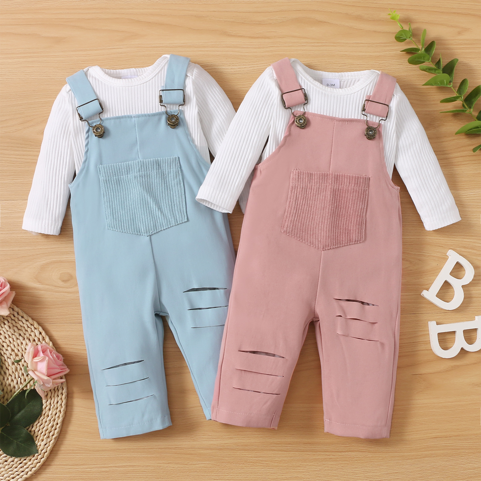 

2pcs Baby Solid Long-sleeve Ribbed Romper and Ripped Overalls Set