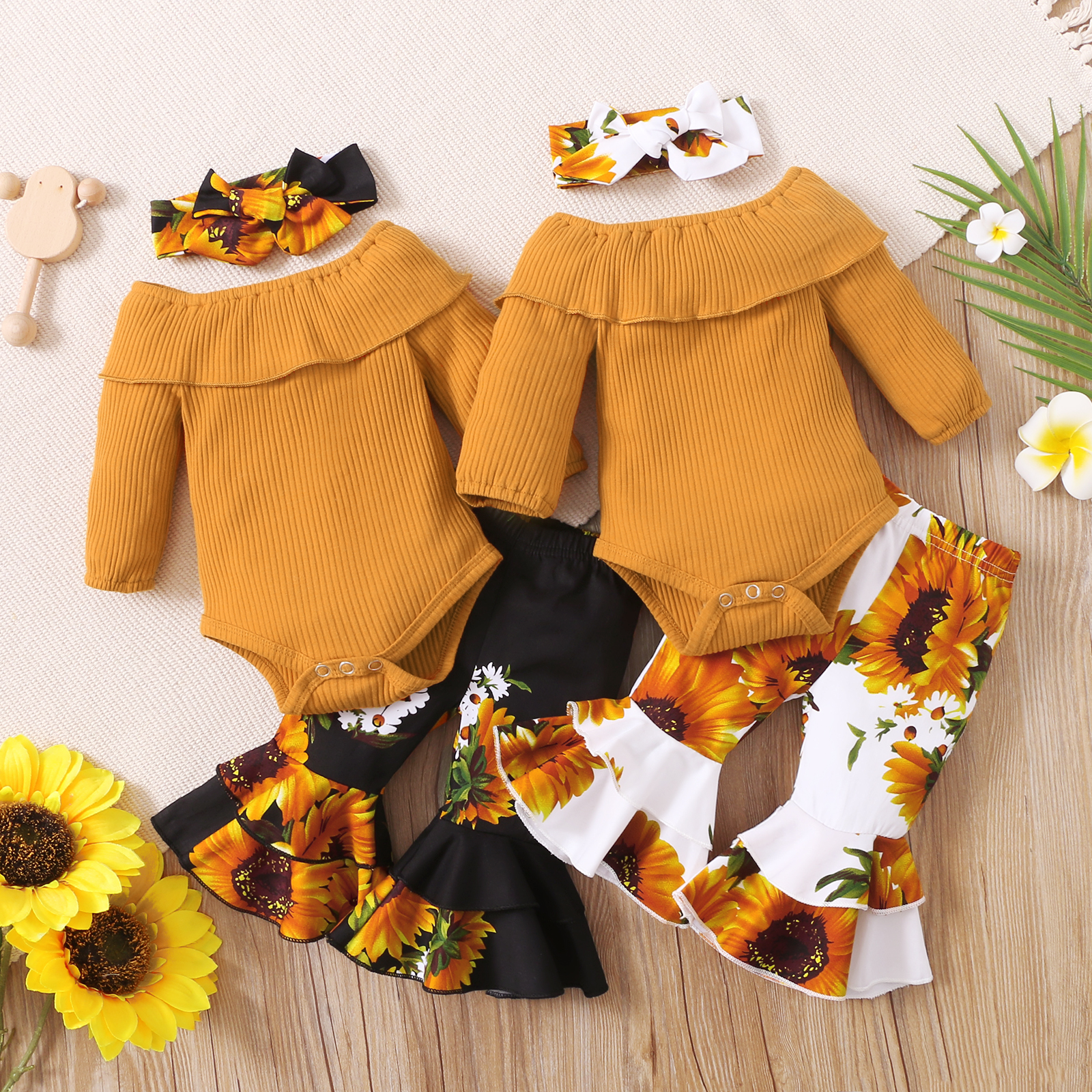 

3pcs Baby Cotton Long-sleeve Ruffle Ribbed Romper and Sunflower Floral Print Bell Bottom Pants