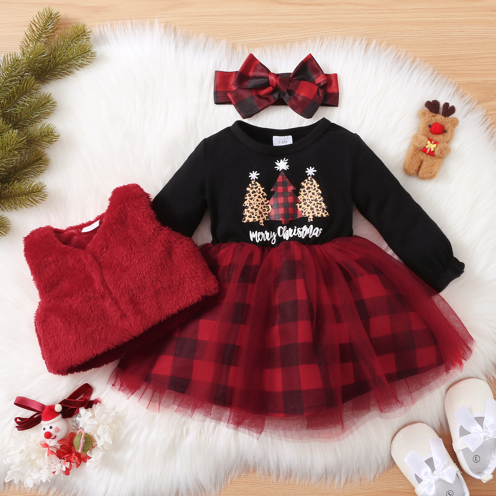 

Christmas 3pcs Baby Tree and Letter Cotton Long-sleeve Red Plaid Mesh Dress and Fuzzy Fleece Vest Set