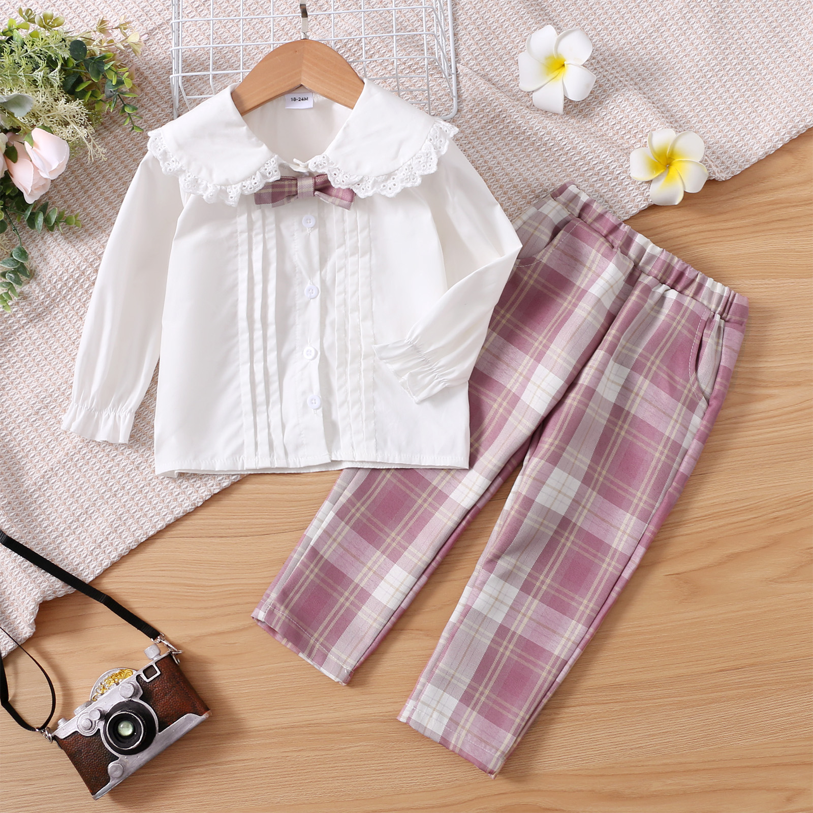 

2-piece Toddler Girl Doll Collar Bow tie Schiffy Button Design Long-sleeve White Blouse and Plaid Pants Set