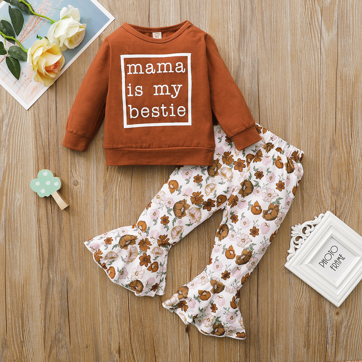 

2-piece Toddler Girl Letter Print Pullover Sweatshirt and Floral Print Flared Pants Set