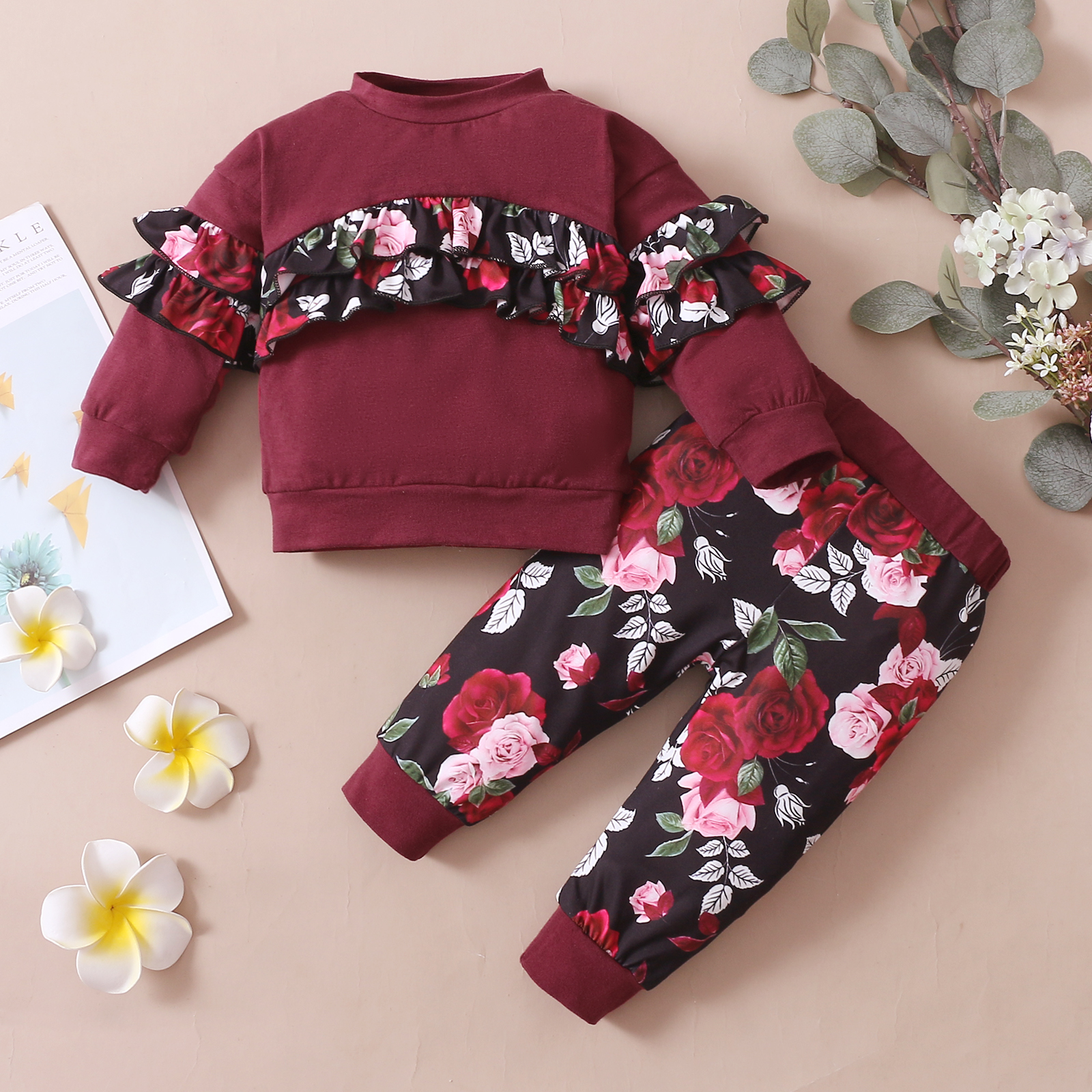 

2-piece Toddler Girl Ruffled Floral Print Pullover Sweatshirt and Elasticized Pants Set