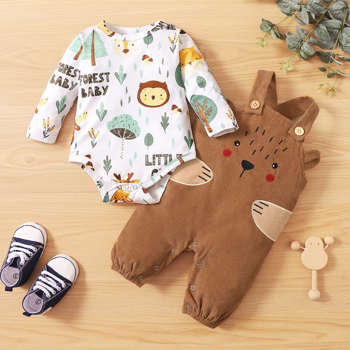 

2-piece Baby Girl/Boy Animal Plant Print Long-sleeve Romper and Overalls Set