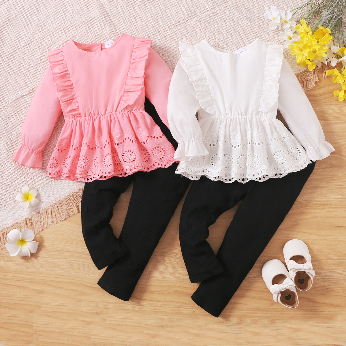 

2-piece Toddler Girl Ruffled Schiffy Design Long-sleeve Top and Black Pants Set