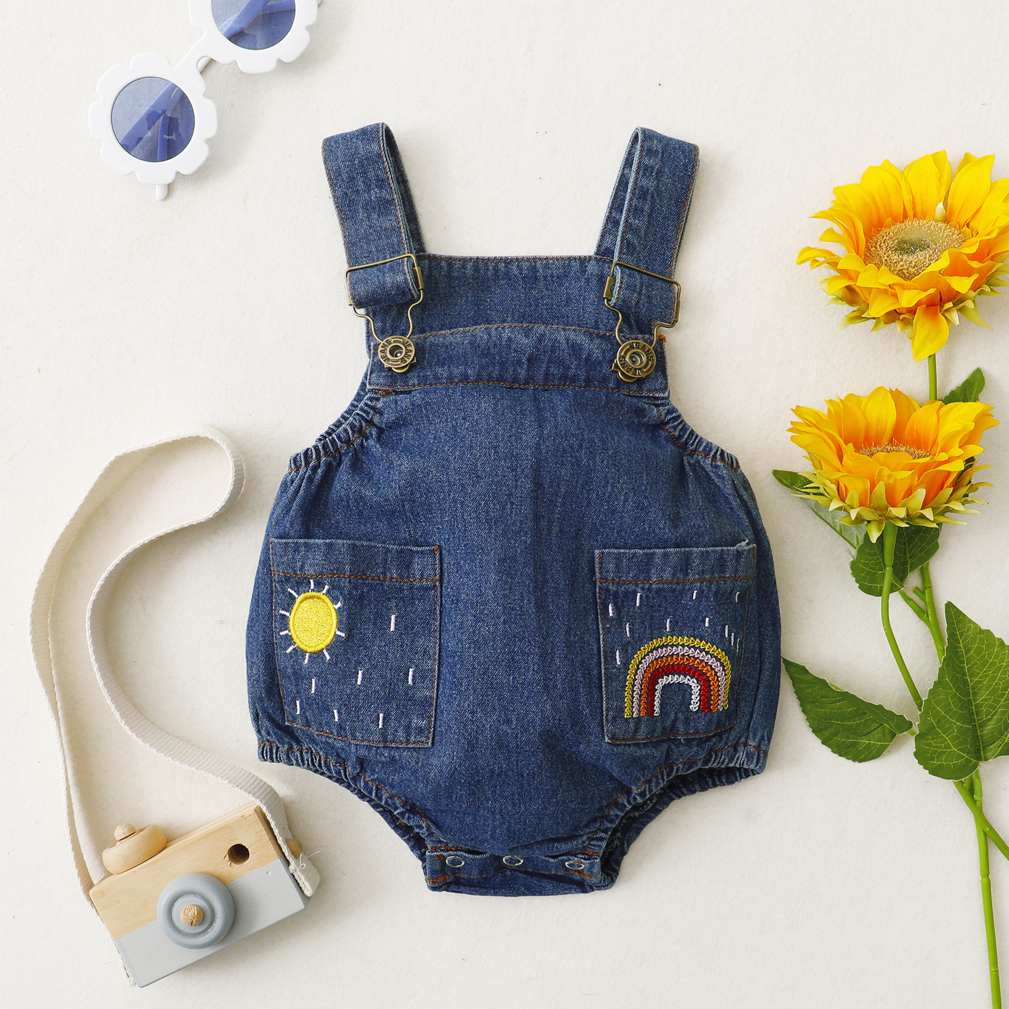 

Baby Boy/Girl Embroidered Denim Sleeveless Romper with Pockets