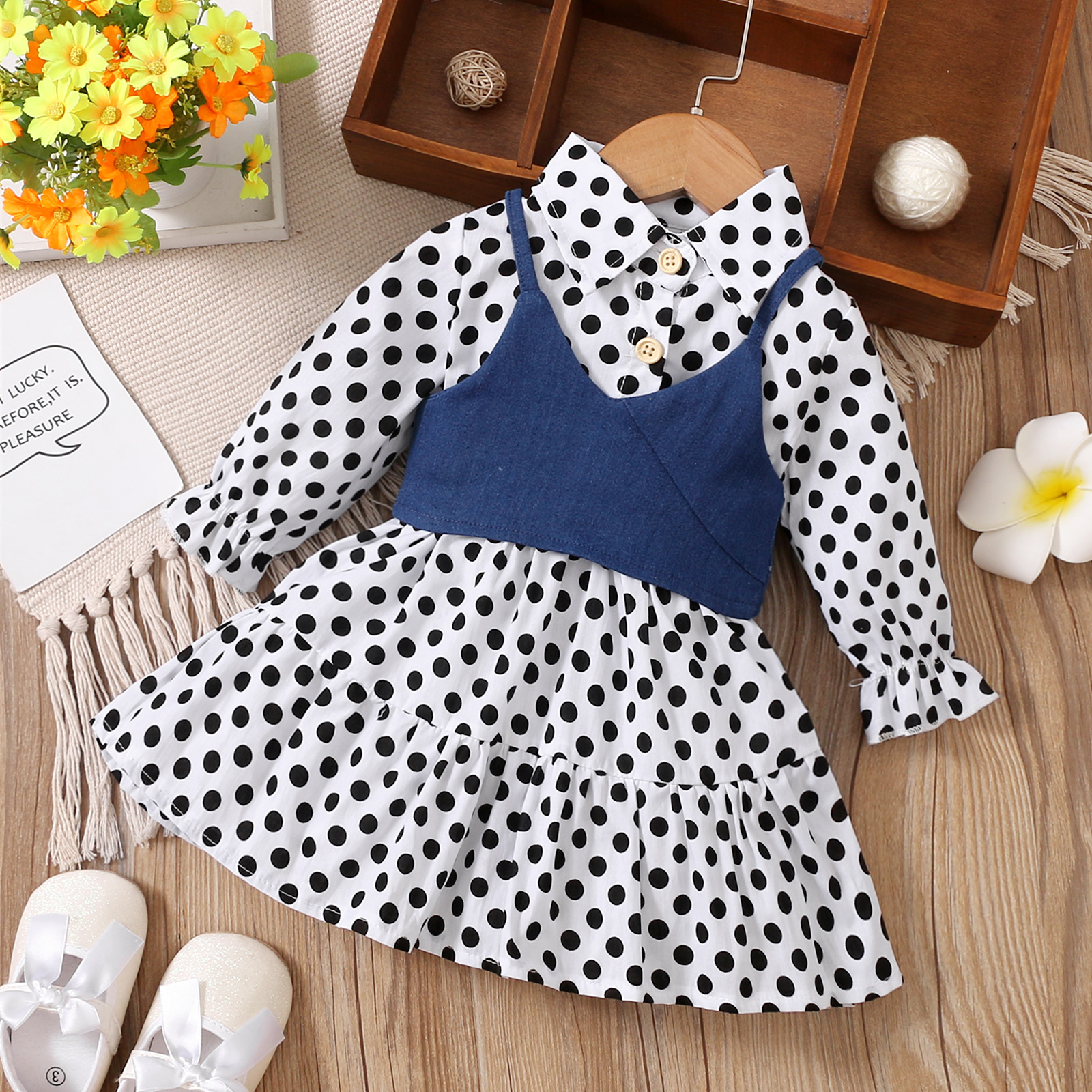 

100% Cotton 2pcs Baby Girl Polka Dots Long-sleeve Dress and Denim Cami Top Set