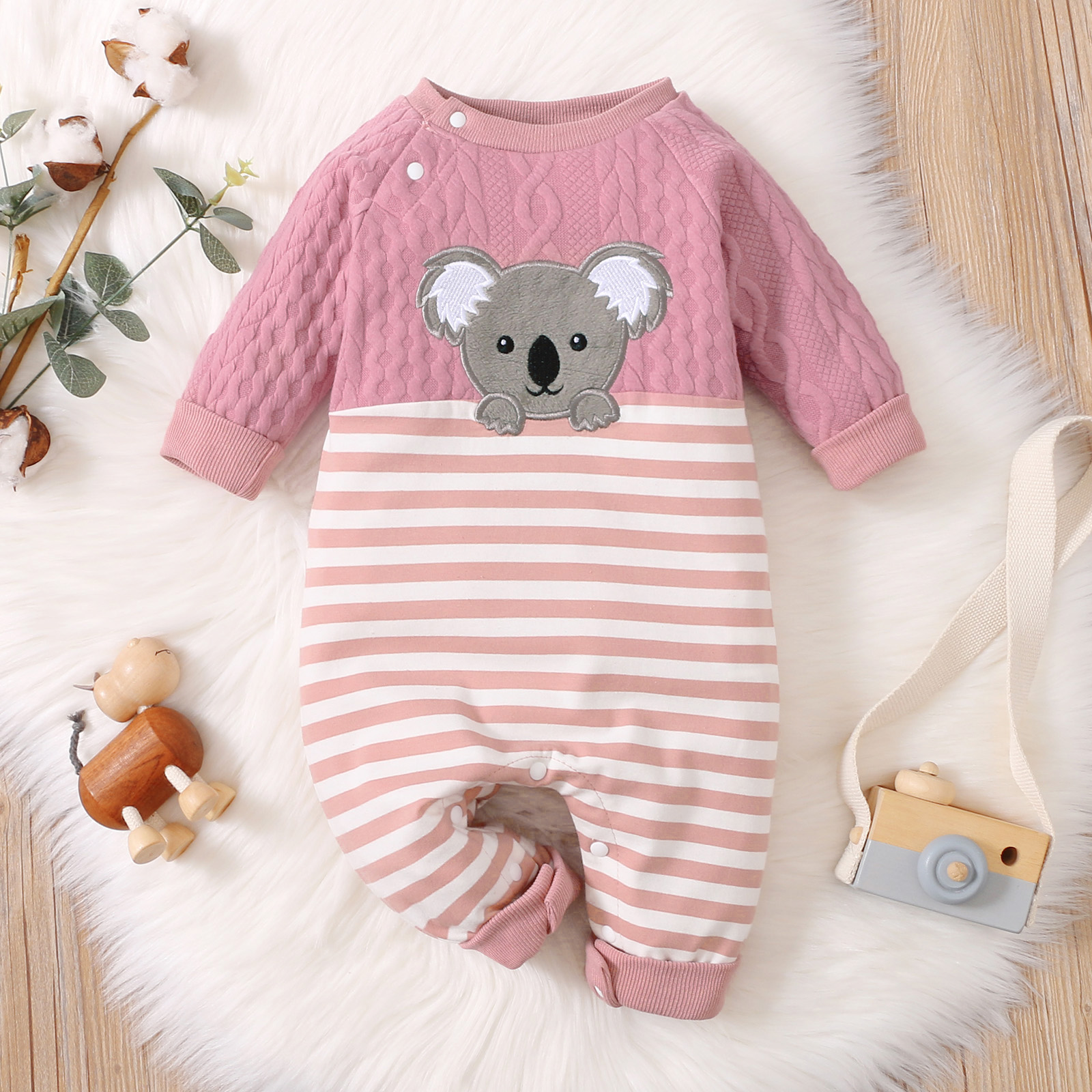 

Baby Girl Koala Pattern Pink Long-sleeve Splicing Striped Jumpsuit