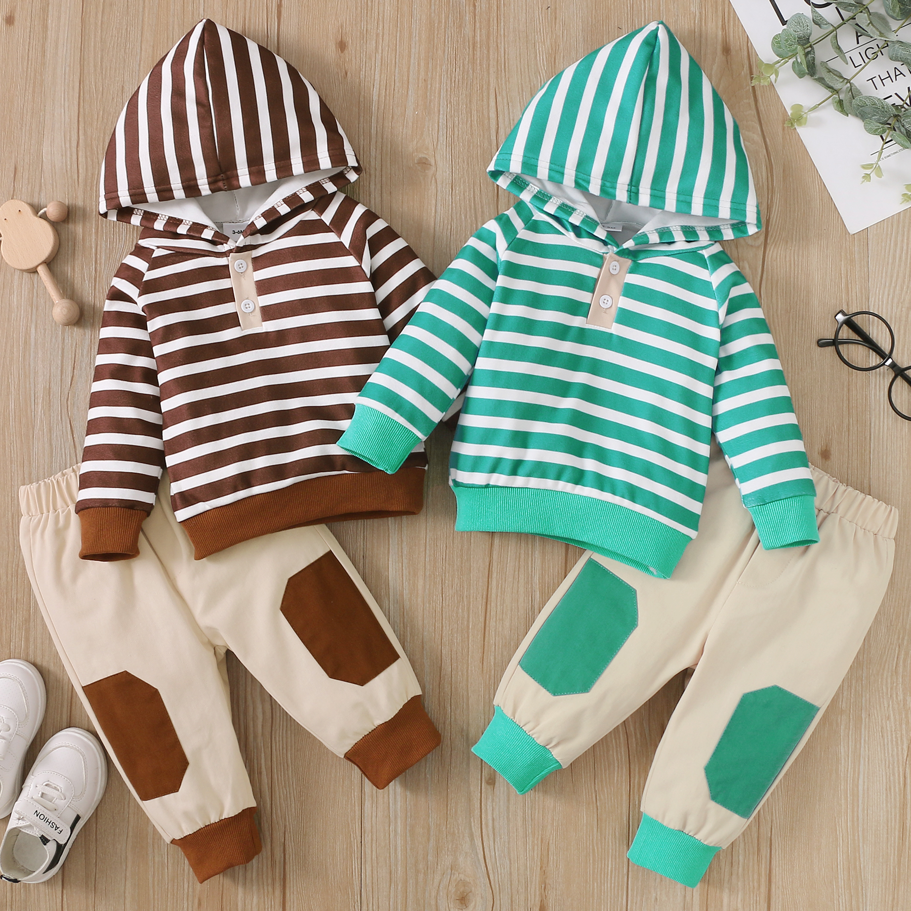 

2pcs Baby Boy Striped Long-sleeve Hoodie and Colorblock Pants Set