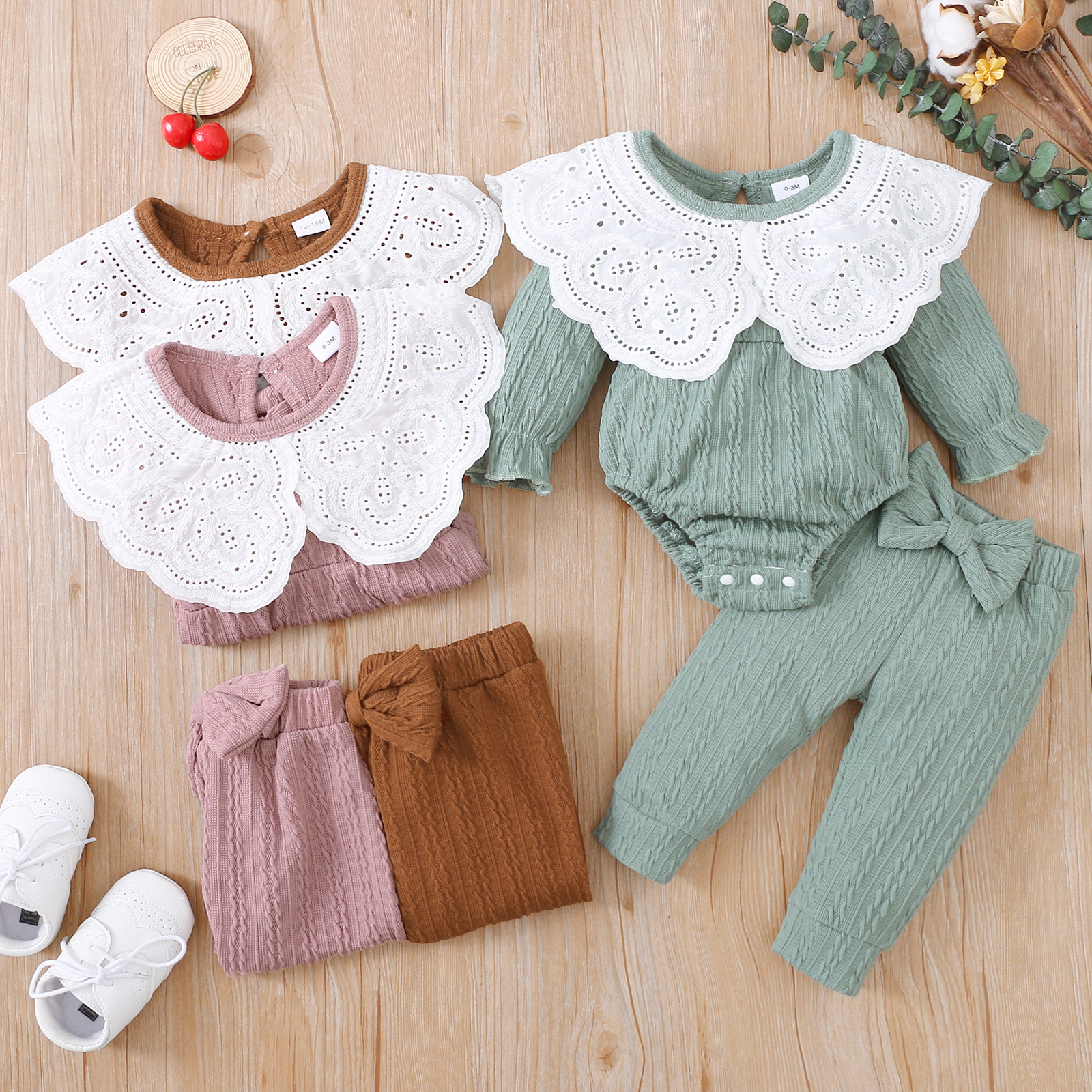 

2pcs Baby Girl Solid Cable Knit Textured Long-sleeve Romper and Trousers Set
