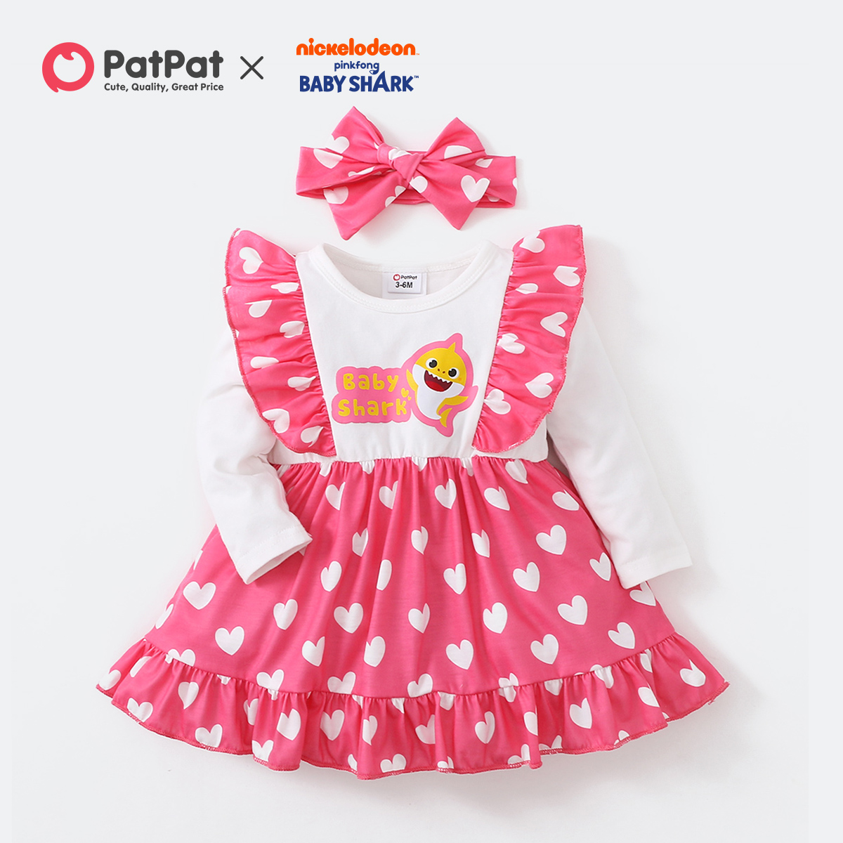 

Baby Shark 2pcs Baby Girl All Over Heart Print Pink Ruffle Long-sleeve Dress with Headband