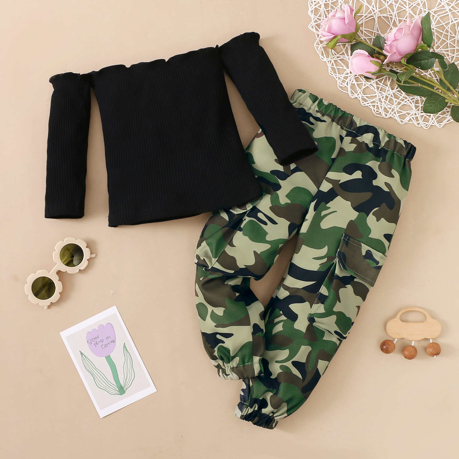 

2-piece Toddler Girl Off Shoulder Ribbed Long-sleeve Black Top and Elasticized Camouflage Print Pants Set