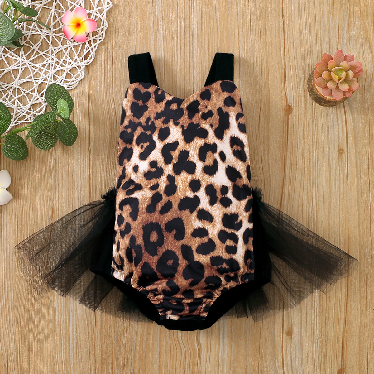 

Baby Girl Black Mesh Splicing Leopard Sleeveless Romper