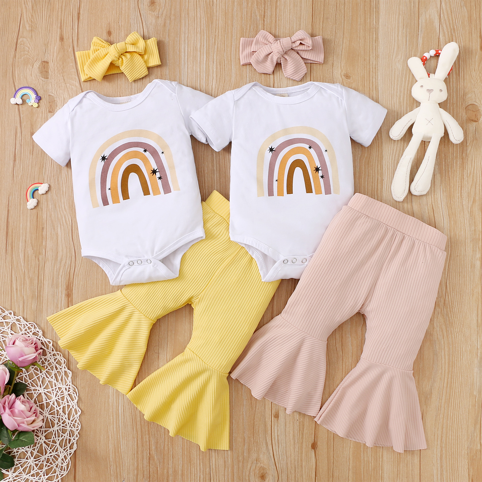 

3pcs Baby Girl 95% Cotton Short-sleeve Rainbow Print Romper and Bell Bottom Pants with Headband Set