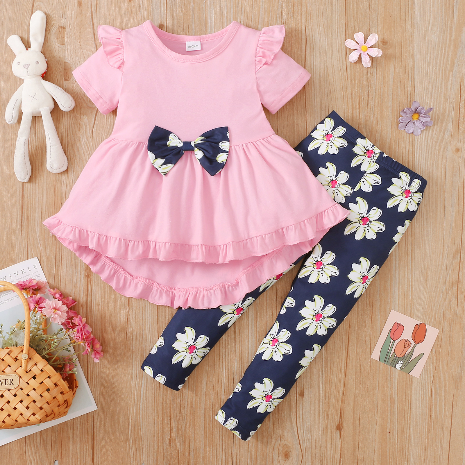 

2-piece Toddler Girl Ruffled Bowknot Design High Low Short-sleeve Pink Tee and Floral Print Leggings Set