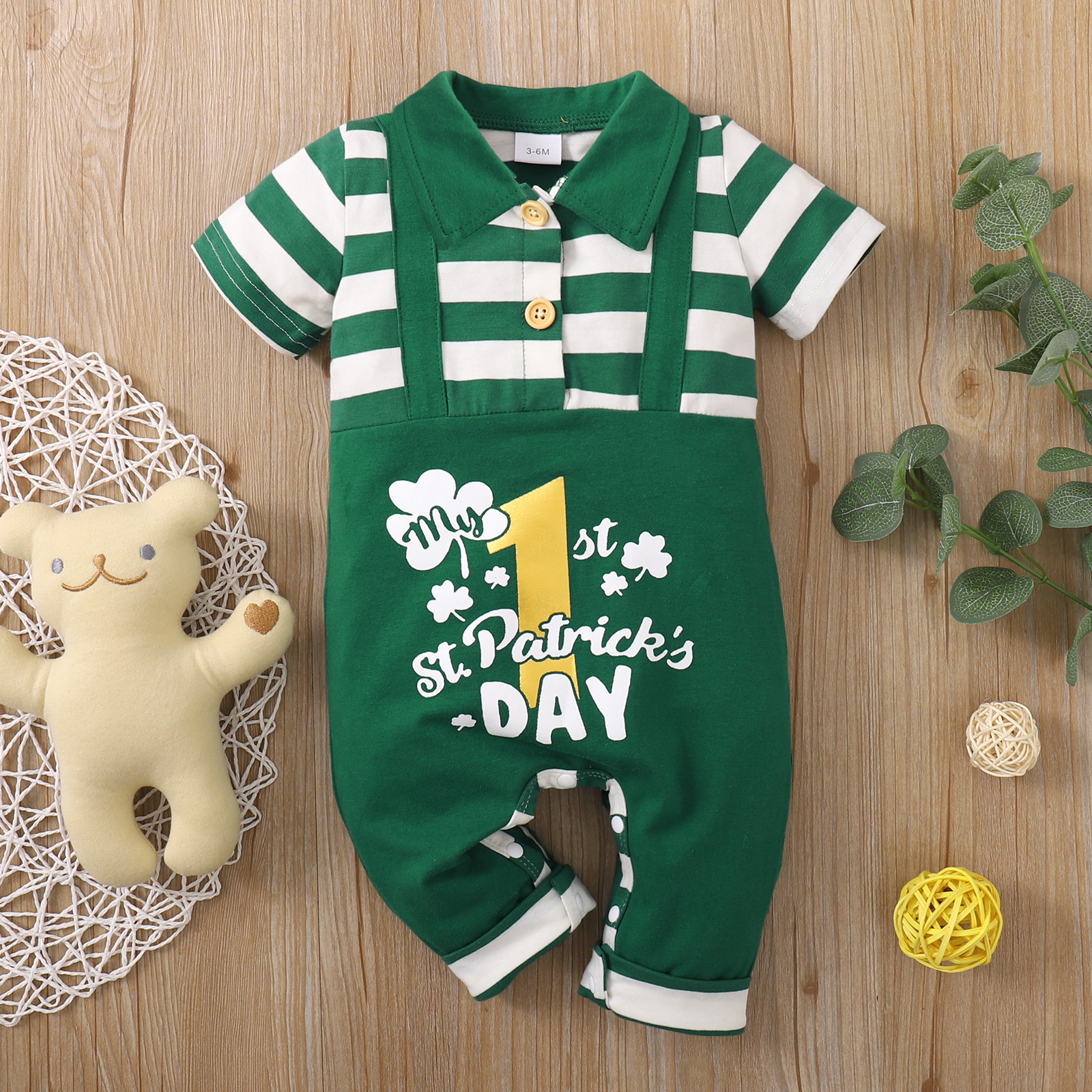 

St. Patrick's Day Baby Boy/Girl Four-leaf Clover and Letter Print Green Striped Faux-two Jumpsuit
