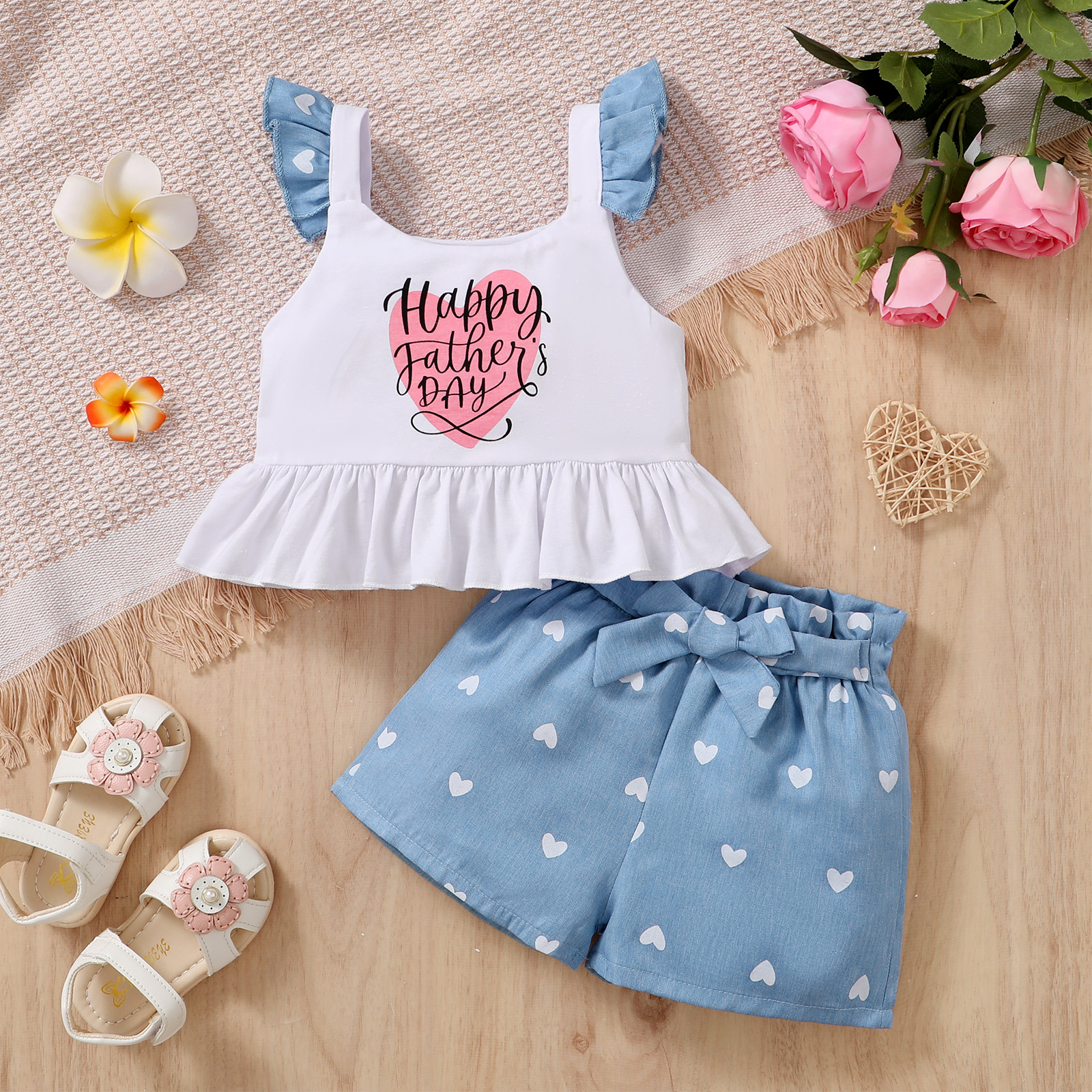 

2pcs Toddler Girl Letter Heart Print Ruffled Tank Top and Belted Denim Shorts Set