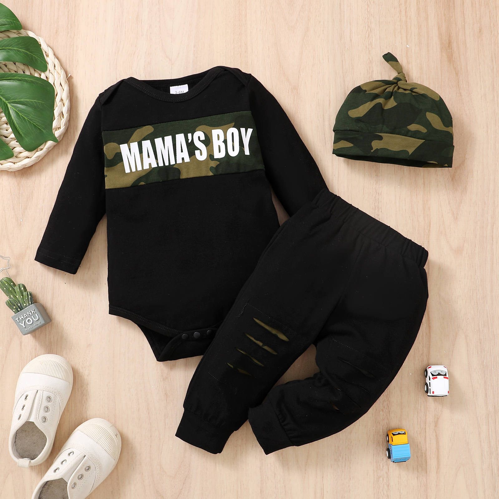 

3pcs Baby Boy Letter Print Camouflage Black Long-sleeve Romper and Ripped Trousers with Hat Set