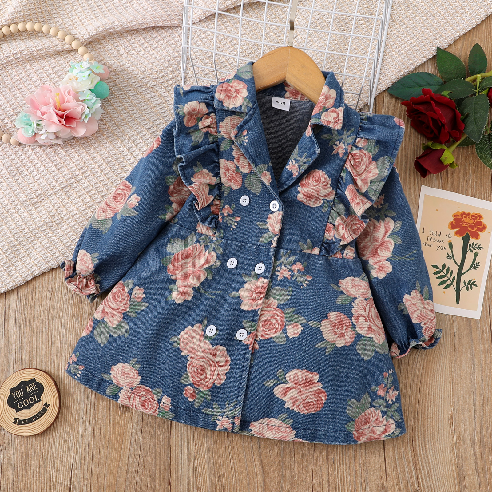 

100% Cotton Baby Girl All Over Rose Floral Print Lapel Double Breasted Ruffle Trim Long-sleeve Denim Outwear