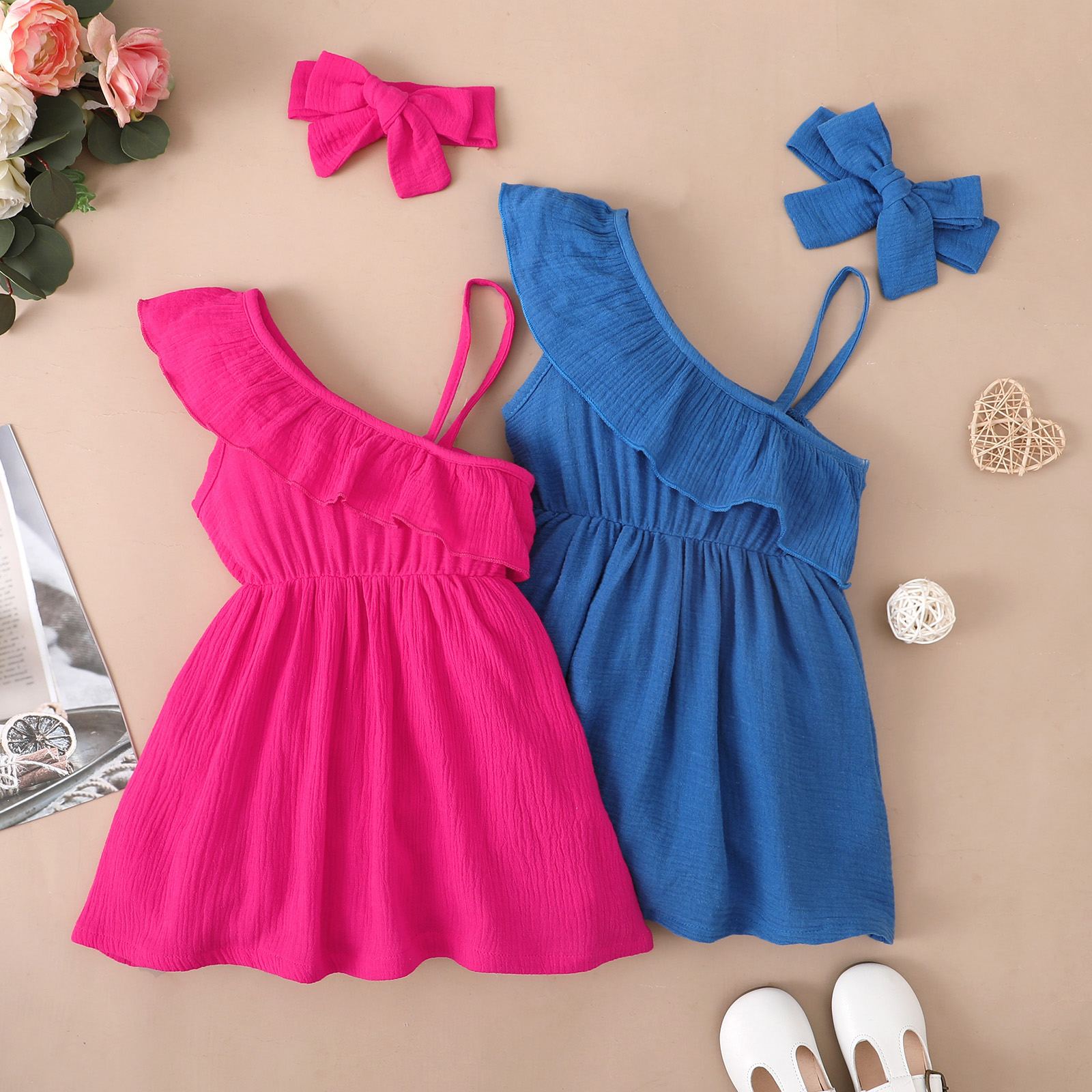 

2pcs Toddler Girl 100% Cotton Solid Color Flounce One Shoulder Sleeveless Strap Dress and Headband Set