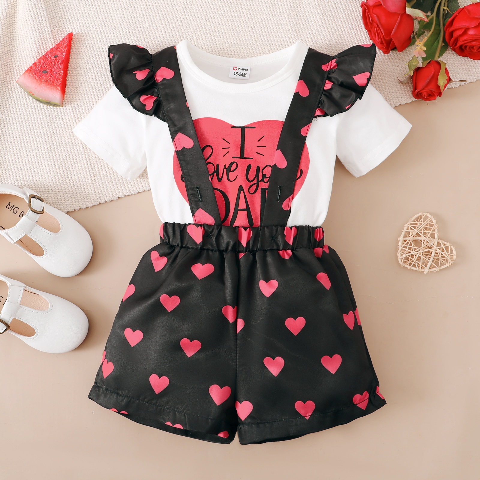 

Father's Day 2pcs Toddler Girl Letter Heart Print Short-sleeve Tee and Ruffled Suspender Shorts Set