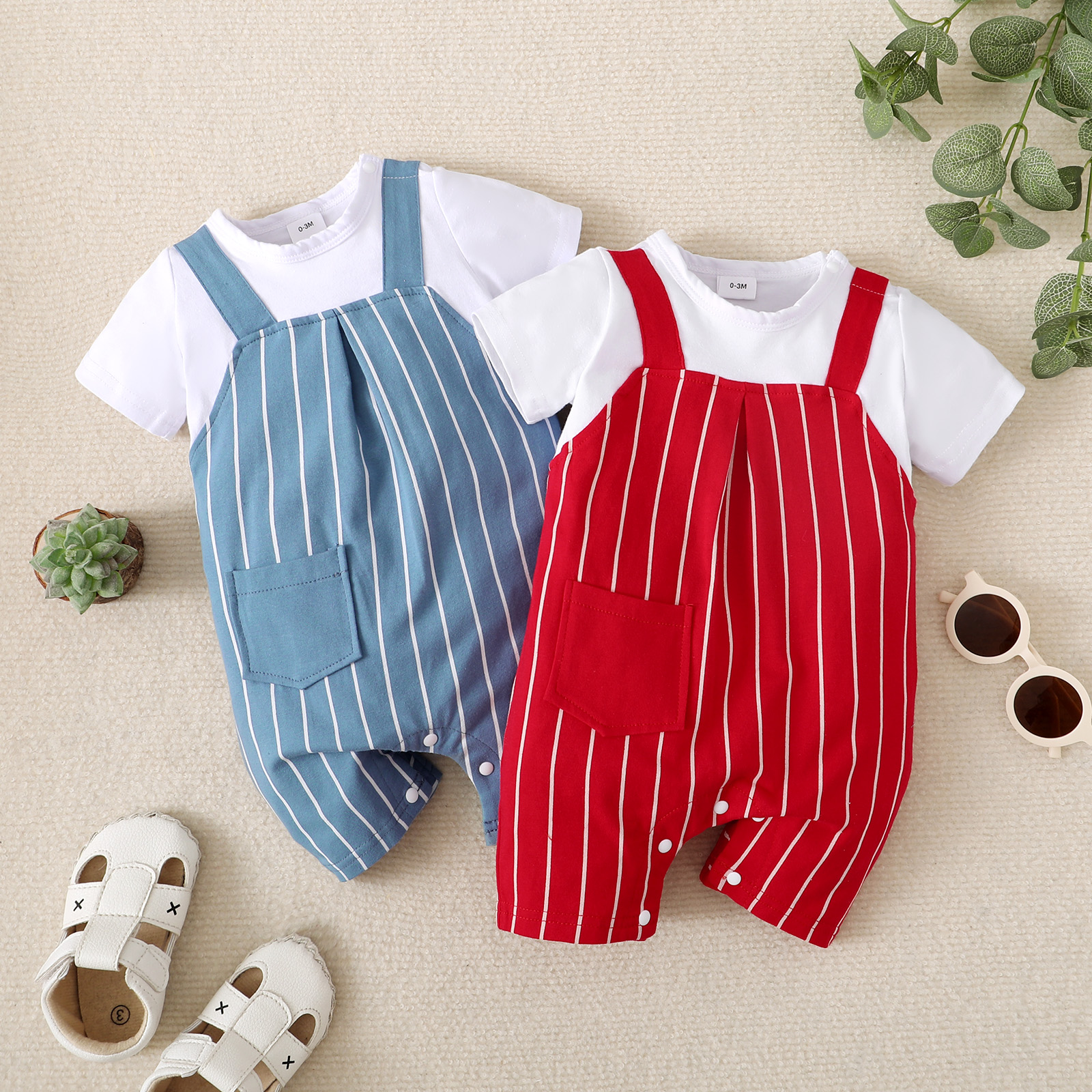 

Baby Boy/Girl 95% Cotton Short-sleeve Faux-two Striped Romper