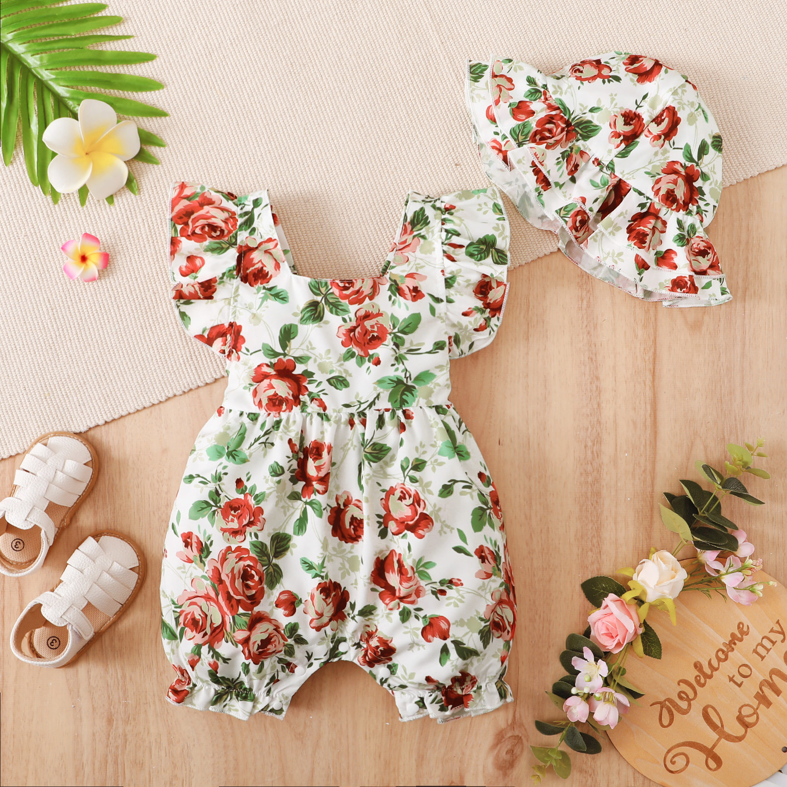 

2pcs Baby Girl Allover Floral Print Ruffle Trim Sleeveless Romper with Hat Set