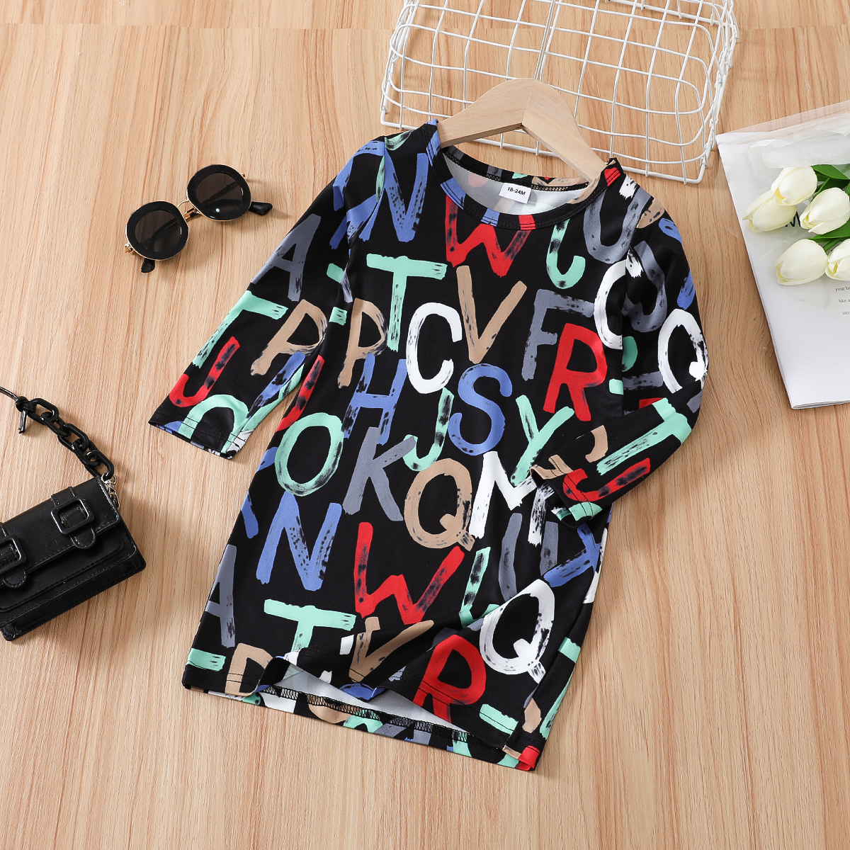 

Toddler Girl Colorful Letter Allover Print Long-sleeve Dress