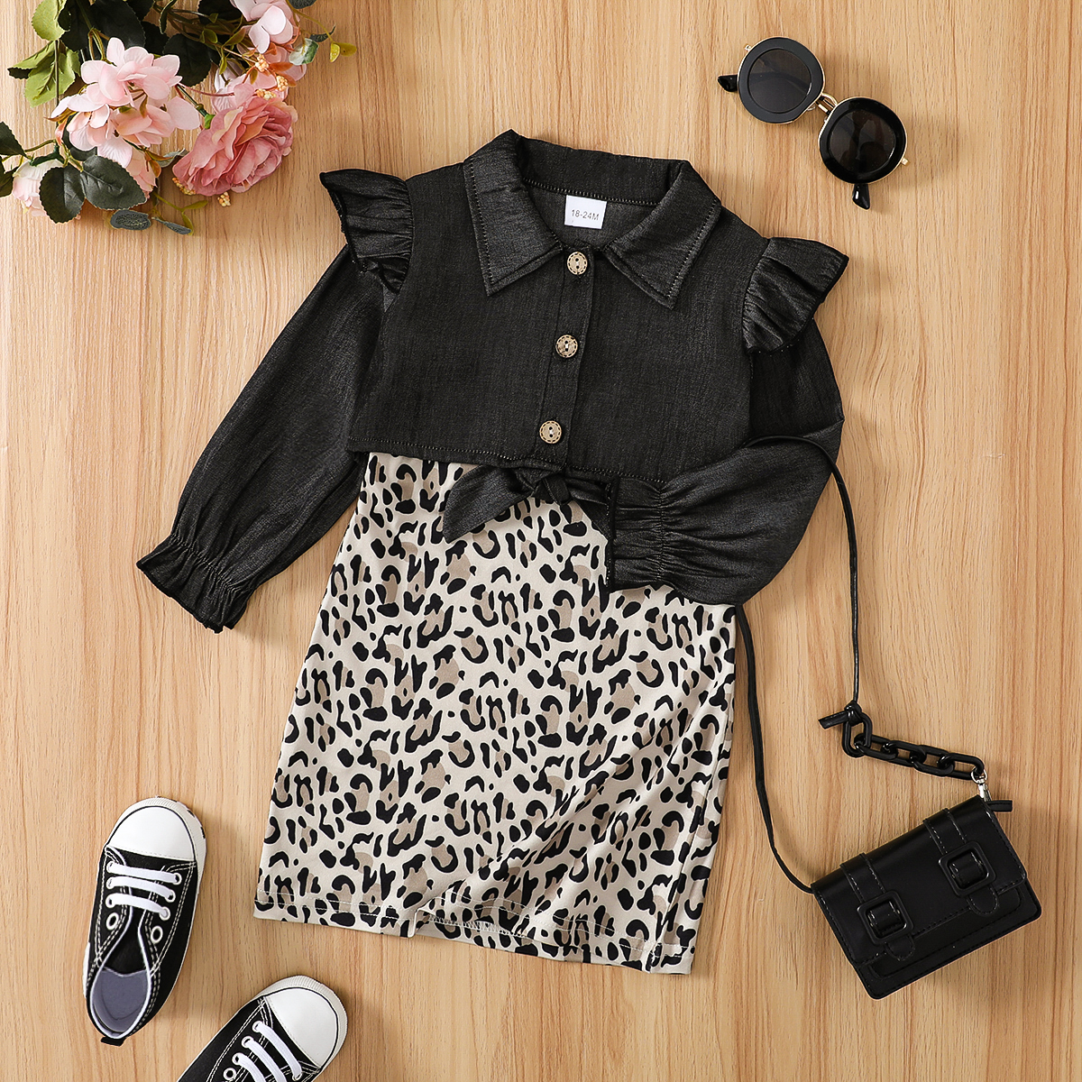 

2pcs Toddler Girl Ruffled Lapel Collar Long-sleeve Desnim Cardigan Jacket and Leopard Print Slip Dress Set