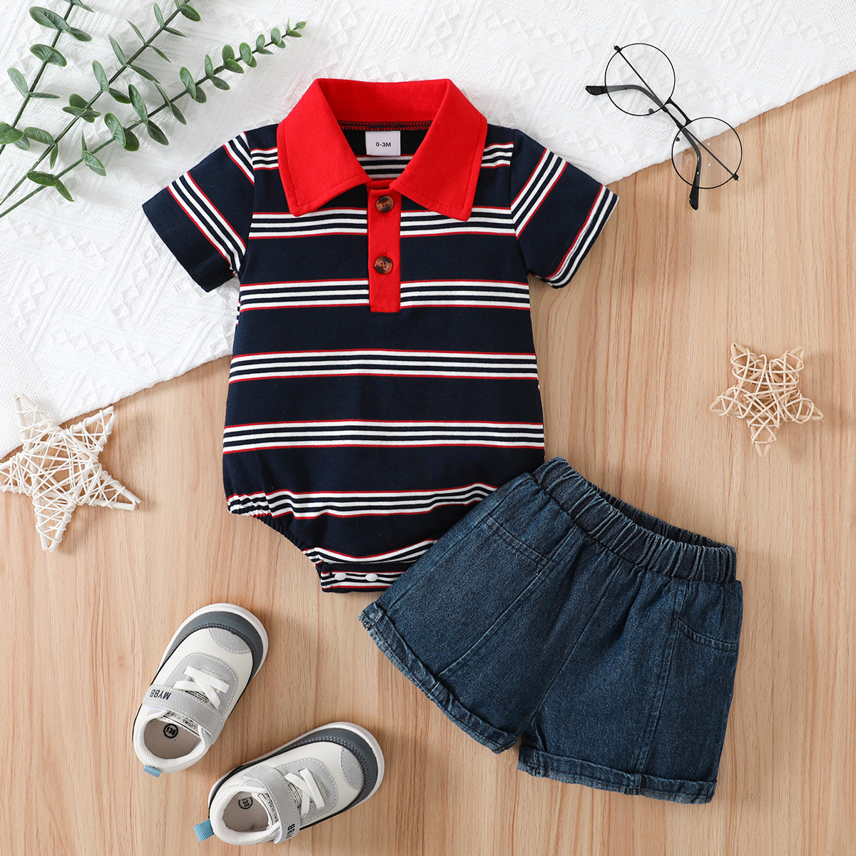 

2pcs Baby Boy 100% Cotton Denim Shorts and Contrast Collar Striped Short-sleeve Romper Set