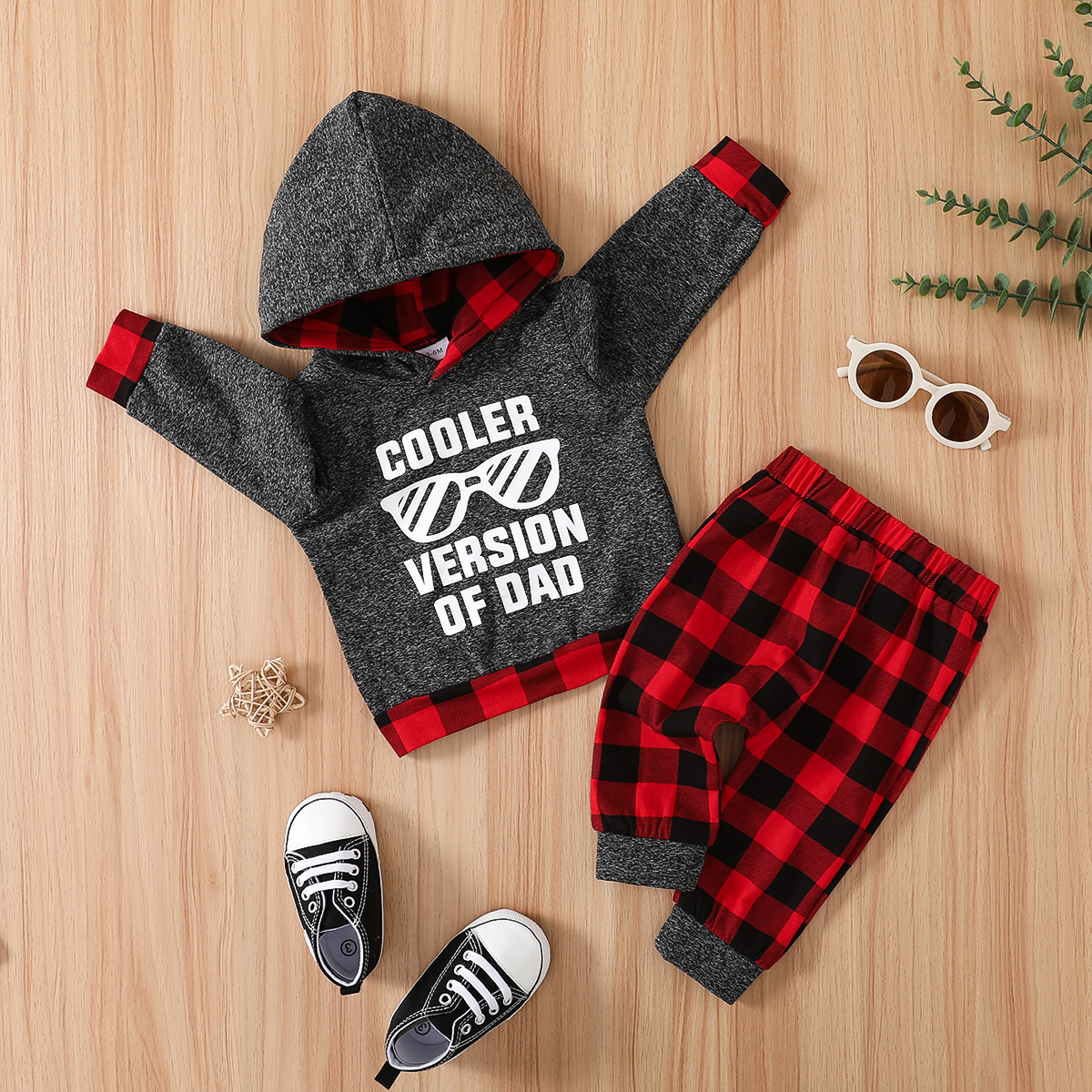 

2pcs Baby Boy 95% Cotton Long-sleeve Sunglasses & Letter Print Hoodie and Red Plaid Sweatpants Set