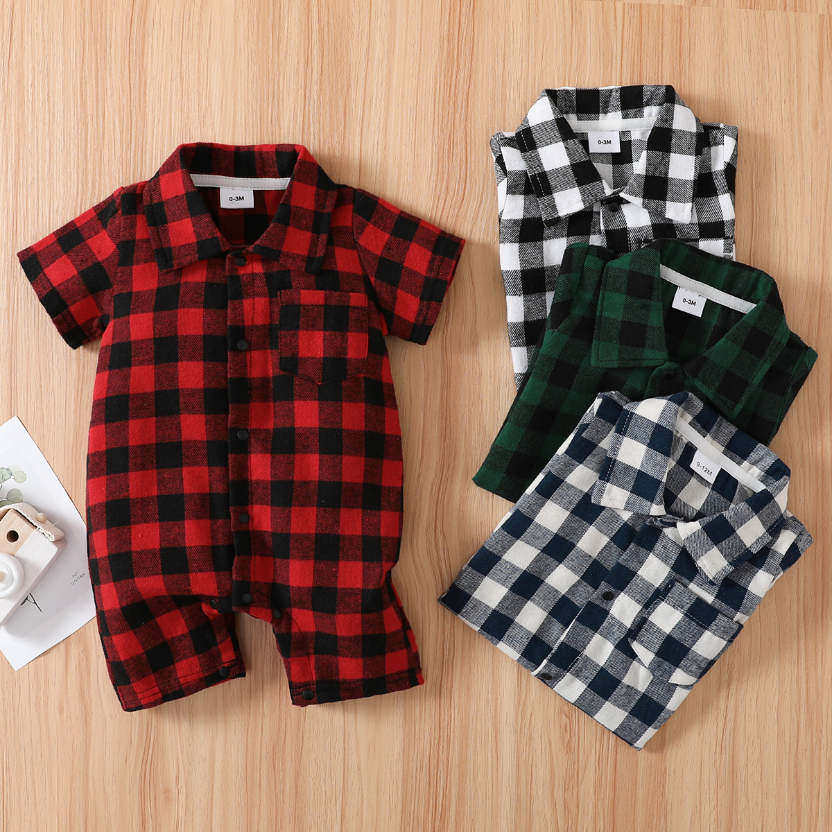 

Plaid Print Lapel Collar Short-sleeve Baby Romper