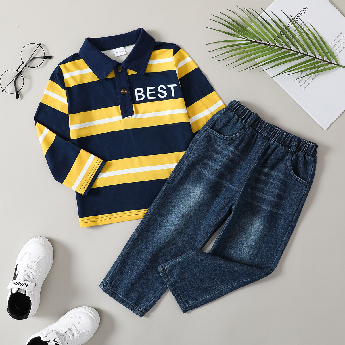 

2pcs Toddler Boy Letter Print Stripe Long-sleeve Polo Shirt and Denim Jeans Set