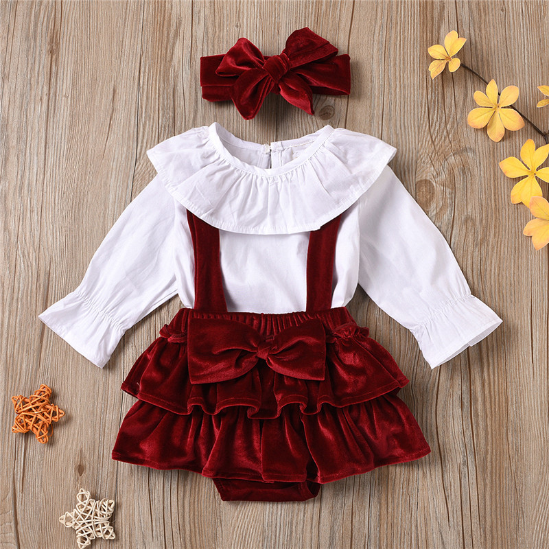 

3pcs Solid Flounce and Bow Decor Long-sleeve Baby Set