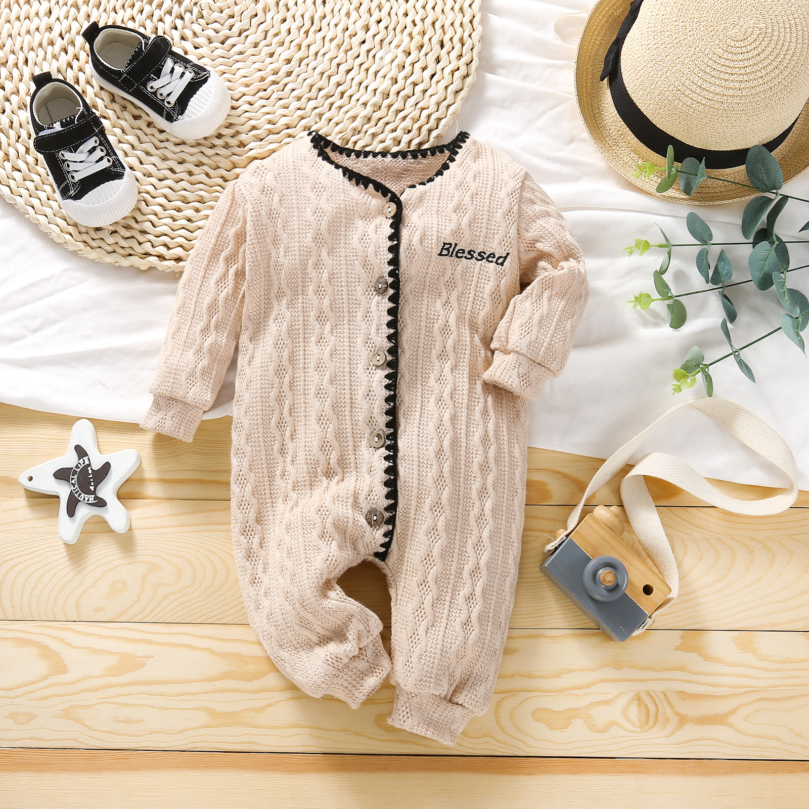 

Knit Letter Embroidered Long-sleeve Baby Jumpsuits