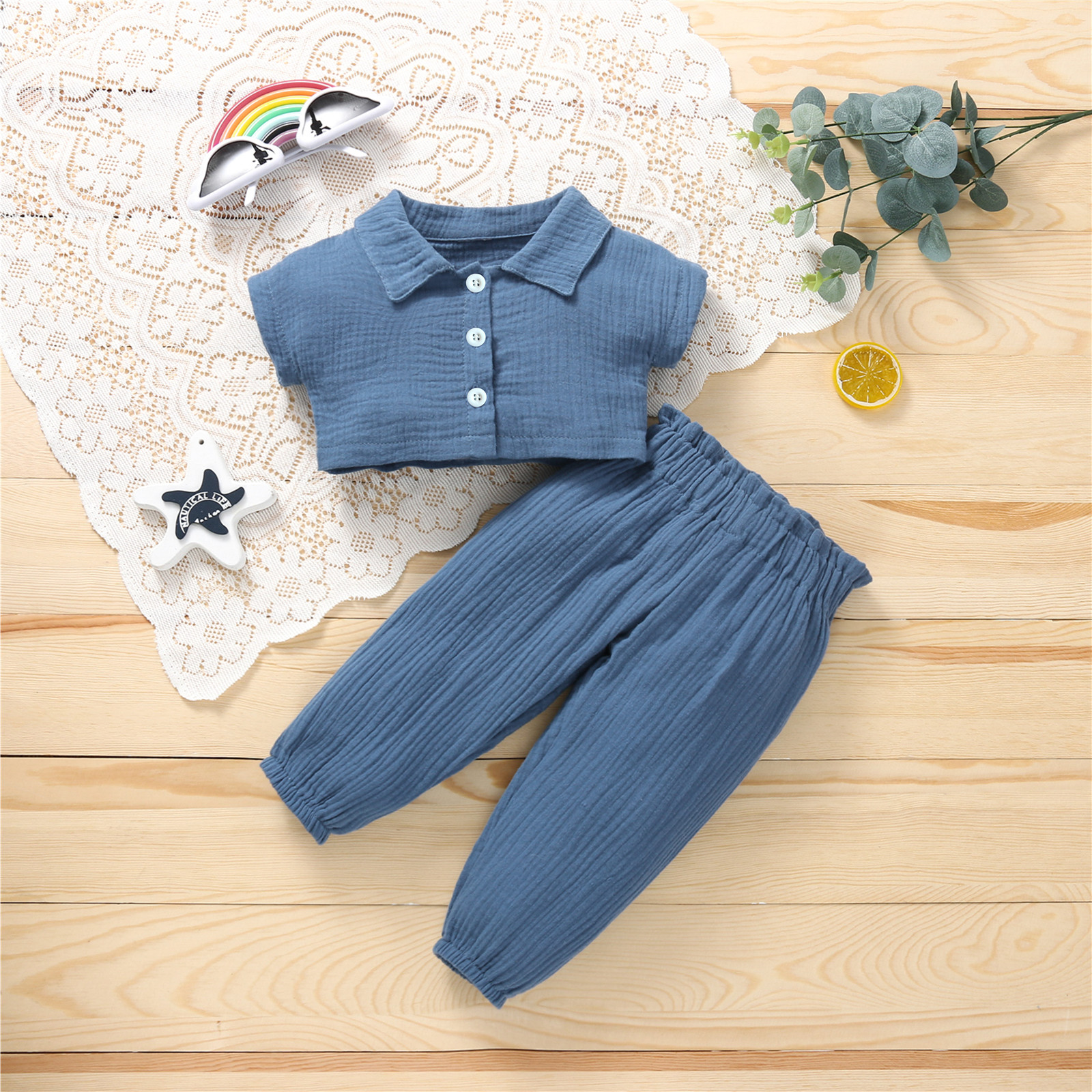 

2pcs Solid Color Short-sleeve Crepe Fabric Baby Set