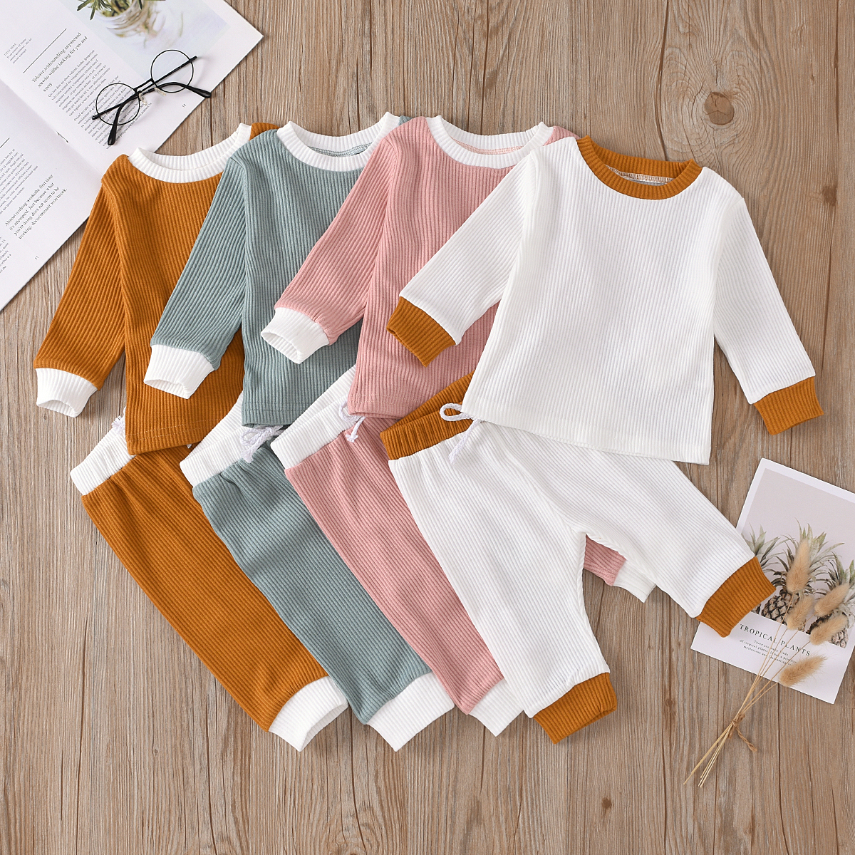 

Ribbed 2pcs Color Block Splice Long-sleeve Baby Set