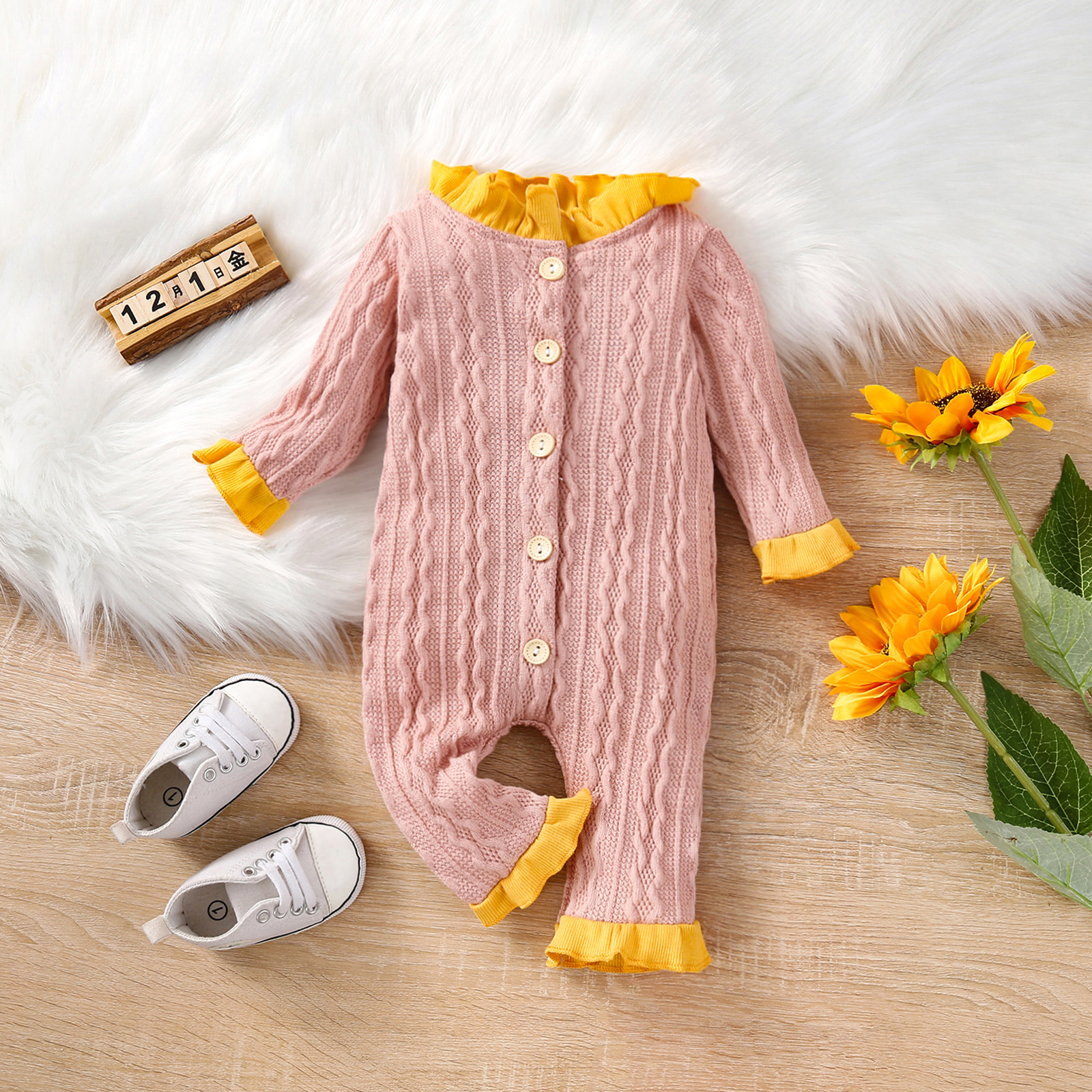 

Solid Pink Long-sleeve Knit Ruffle Button Front Baby Jumpsuit