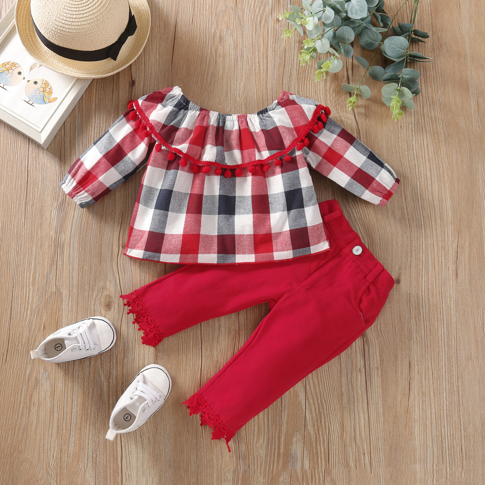

Baby 2pcs Plaid Pompom Long-sleeve Top and Solid Red Denim Trouser Set