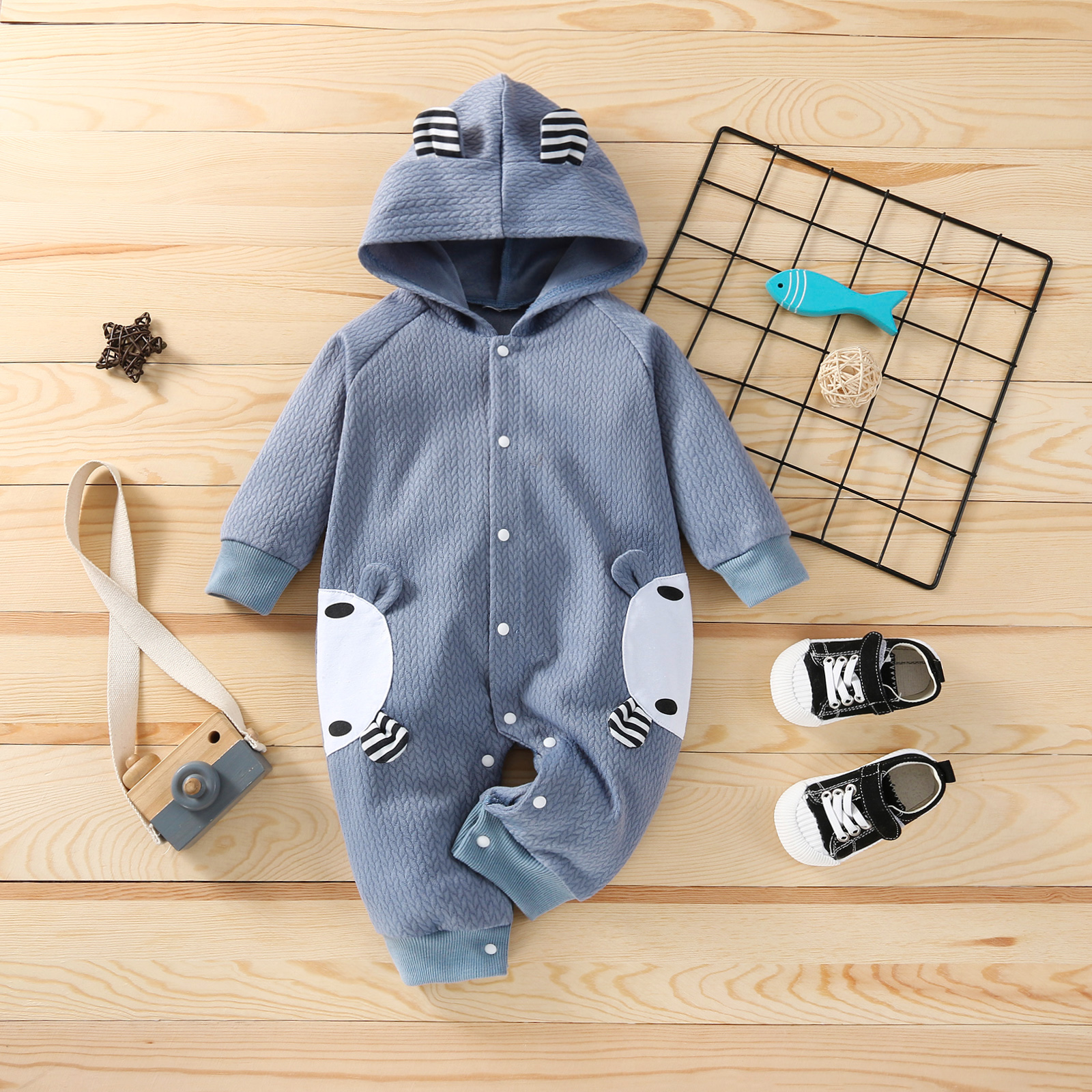 

Baby 3D Ear Cartoon Long-sleeve Hooded Cotton Jumpsuit