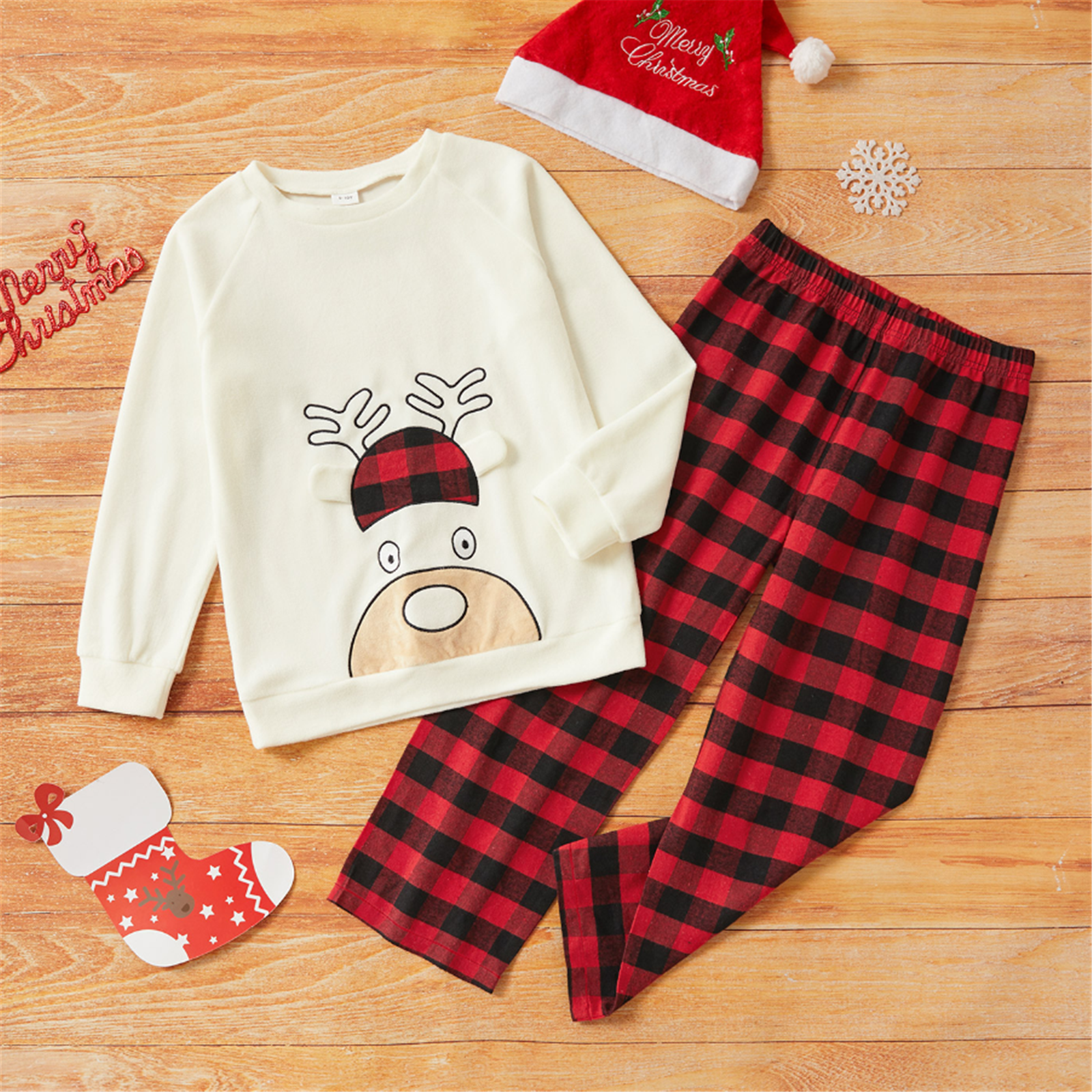 

2-piece Kid Boy/Kid Girl Christmas Deer Print Polar Fleece Pullover and Plaid Pants Set